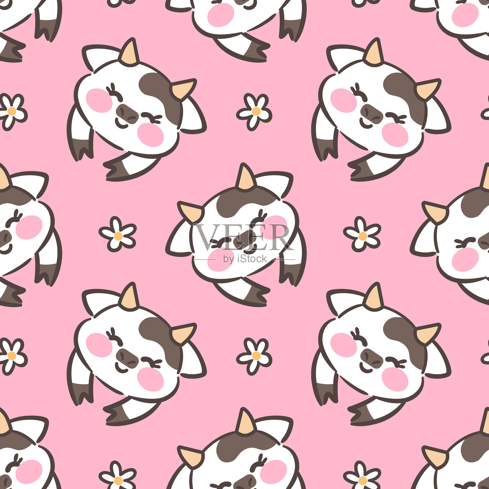 一个无缝图案，展示了可爱的卡哇伊牛与花朵环绕。这个俏皮的设计展现了牛的可爱表情，营造出愉快而奇幻的氛围。插画图片素材