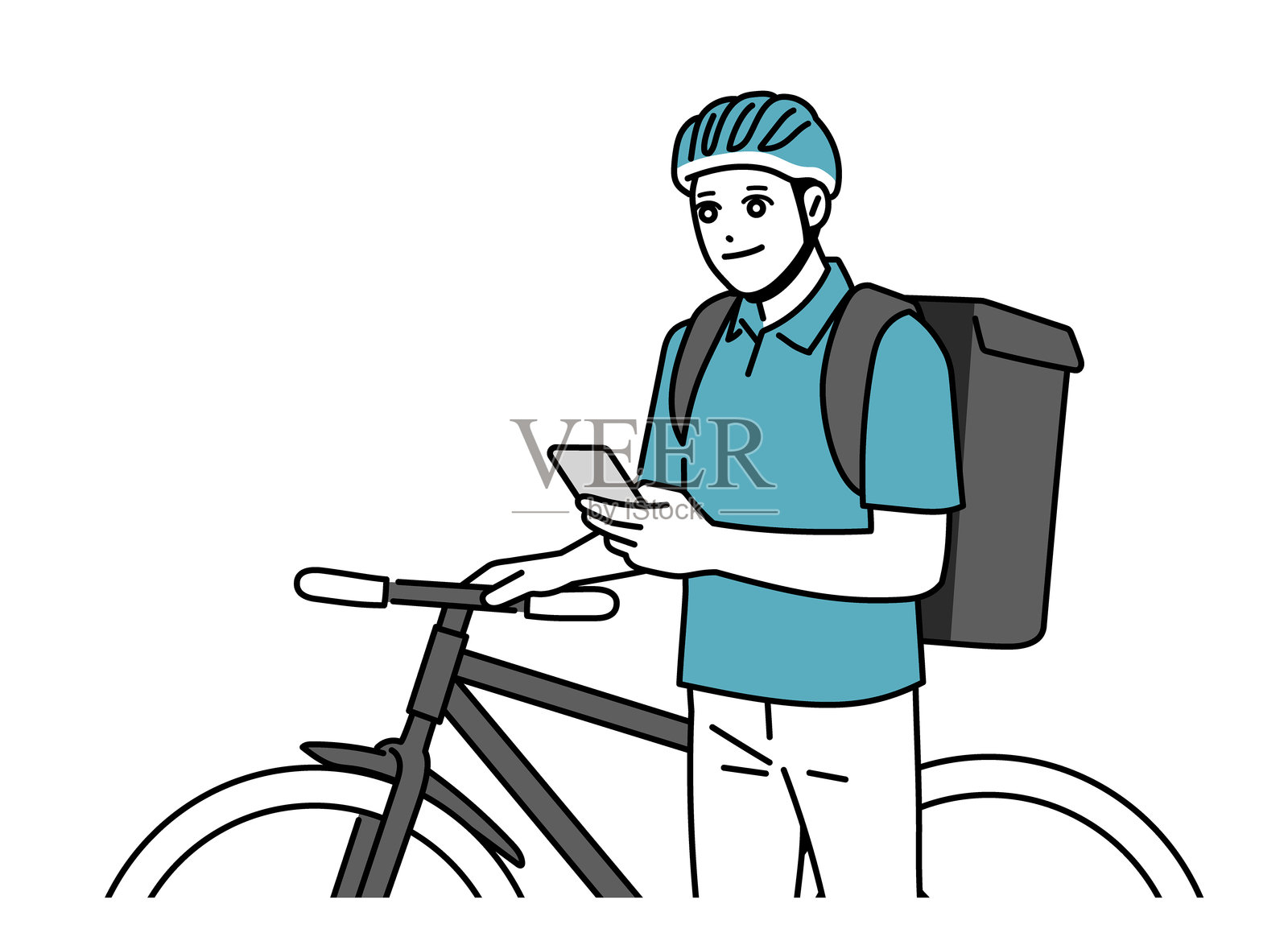 一名送餐员在推着自行车时查看他的智能手机插画图片素材