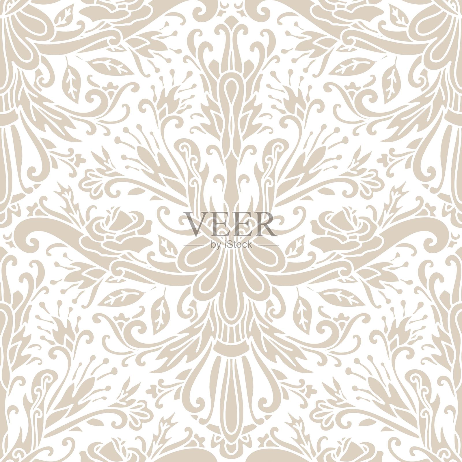 大马士革风格图案，波西米亚风格，抽象，旋转花朵，米色和白色。无缝花卉图案-791。插画图片素材