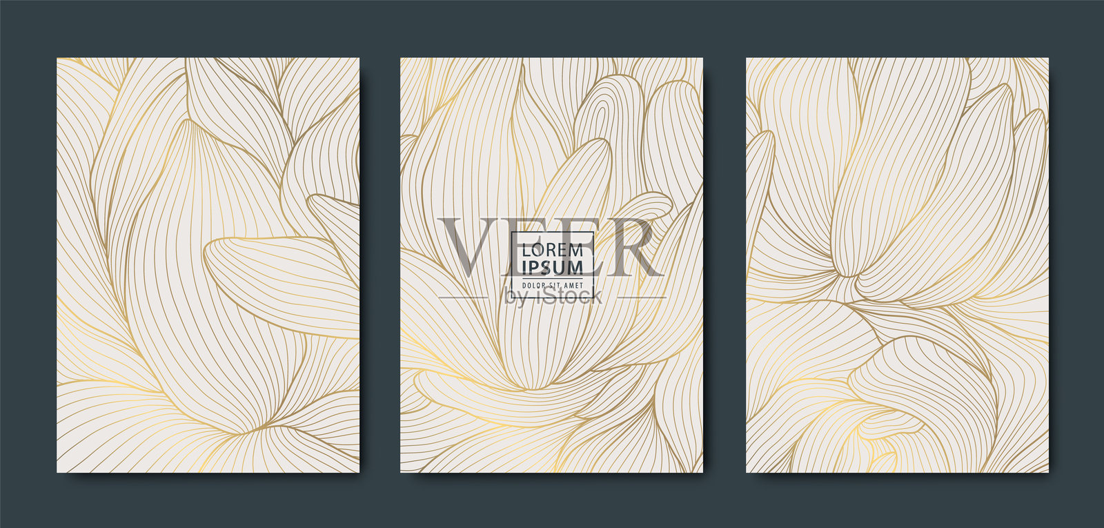 花卉金线波浪封面的矢量集，日本奢华的叶子和花卉装饰。亚洲风格的春季背景，问候图案。插画图片素材