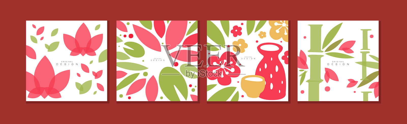 带有日本或中国装饰的原创卡片设计矢量集插画图片素材