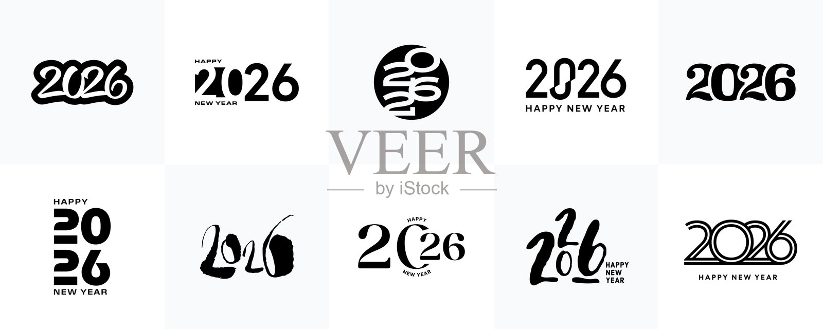 2026数字收藏，2026新年快乐贺卡套装插画图片素材