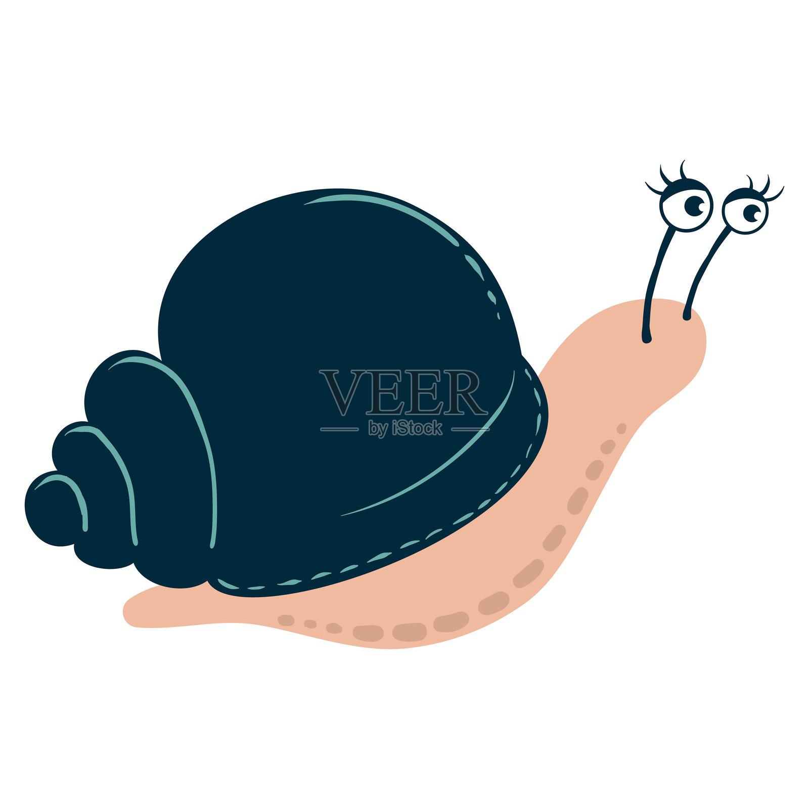 微笑的蜗牛，黑色的壳和富有表现力的眼睛。可爱的卡通蛞蝓。适合用于邀请函、贺卡、海报、节日、贴纸的可爱自然小虫。插画图片素材