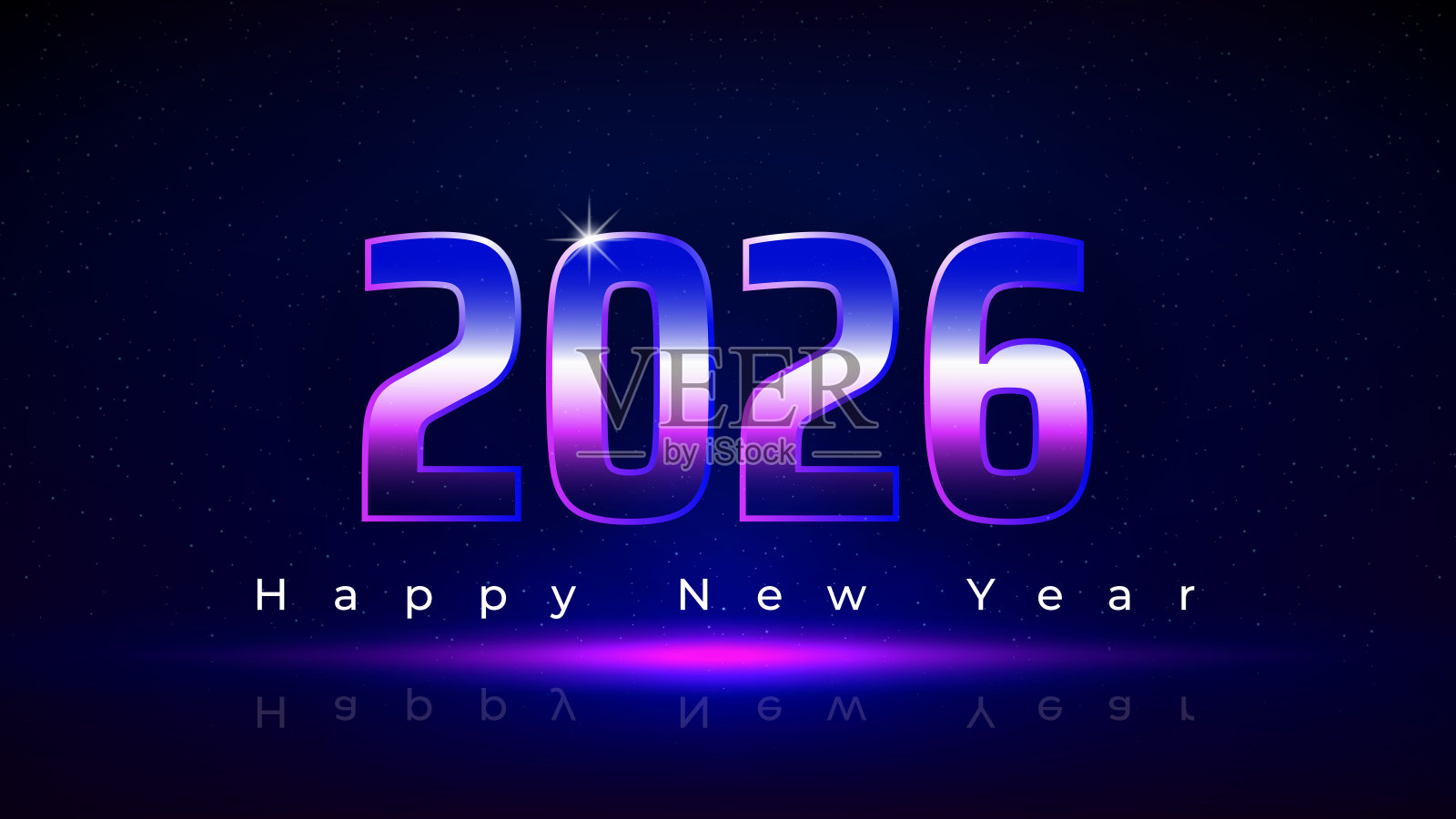 2026年新年快乐，26。新年贺卡。深蓝色背景上的紫色、洋红色和蓝色数字2026。未来科技设计。矢量插图。插画图片素材