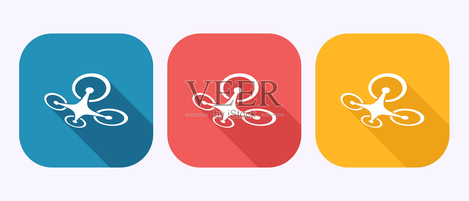 蓝色、红色和黄色极简设计的无人机图标集合，背景为白色插画图片素材