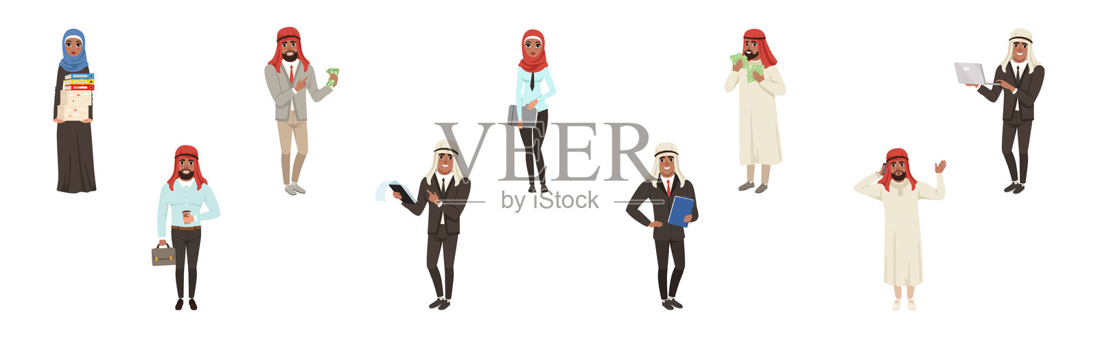 阿拉伯商人和商女人物穿着民族服装的矢量图集插画图片素材