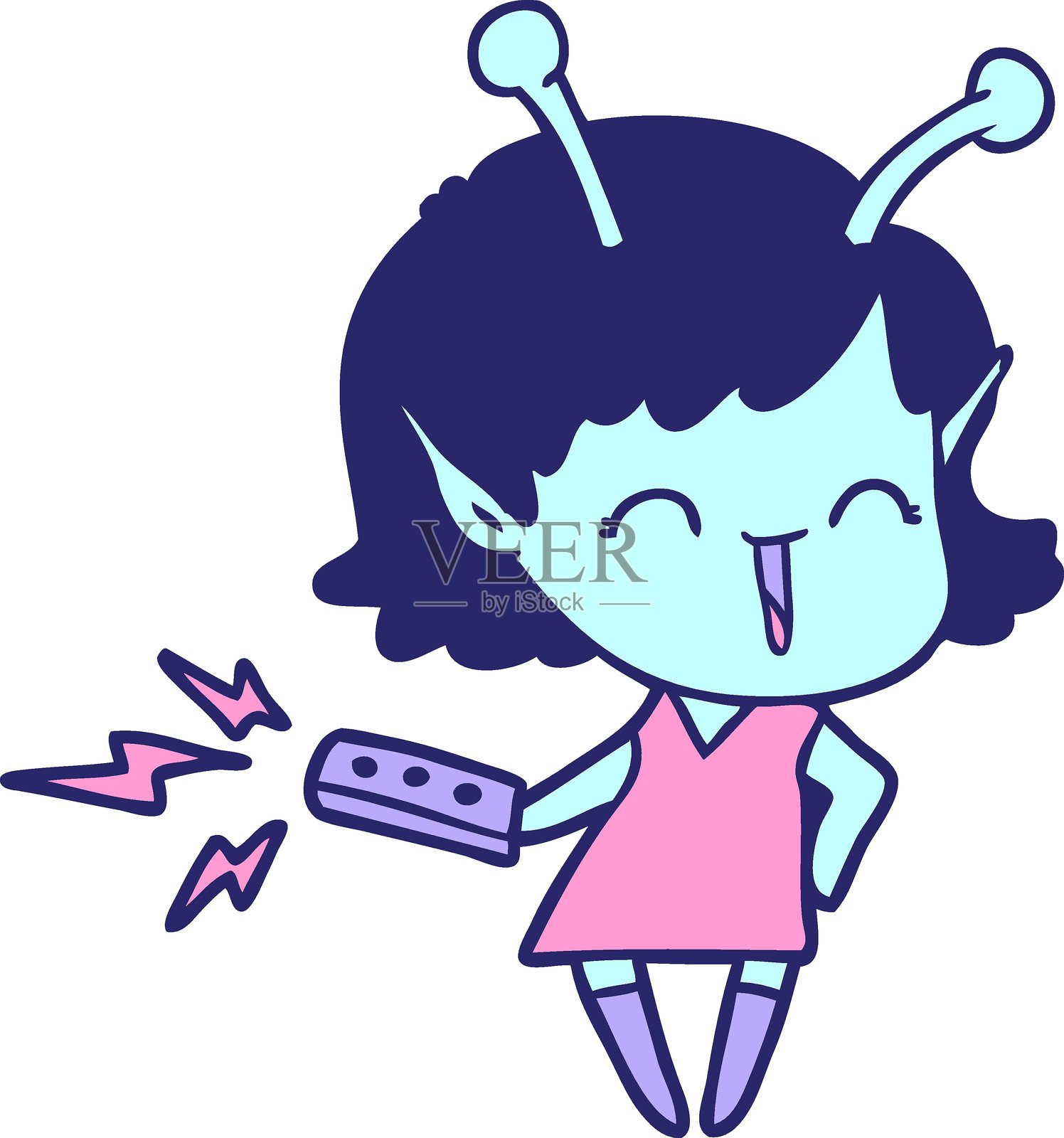 卡通外星女孩拿着遥控器大笑，色彩鲜艳的霓虹色调插画图片素材