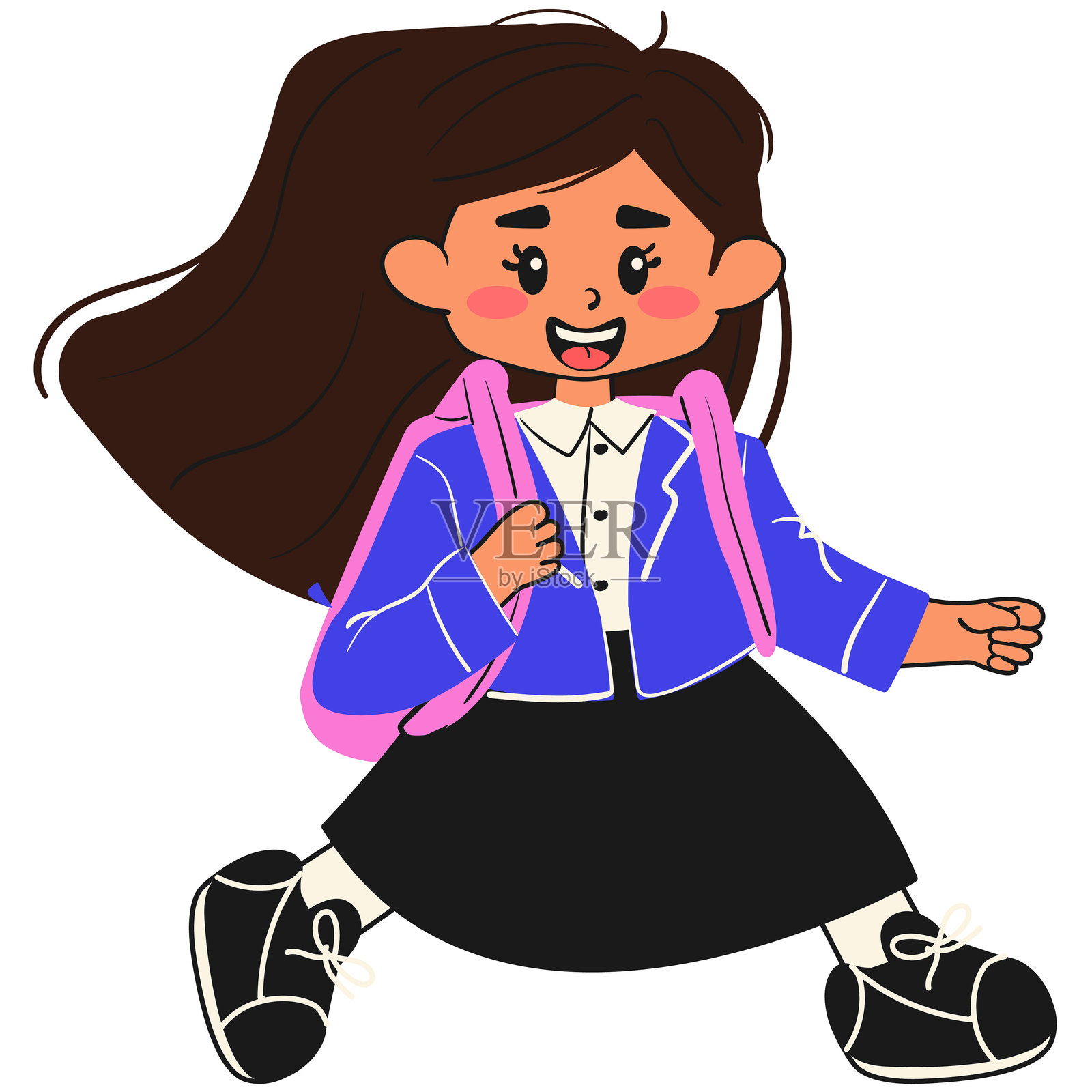 快乐的小女孩去上学。返校贴纸。涂鸦风格的学生。插画图片素材