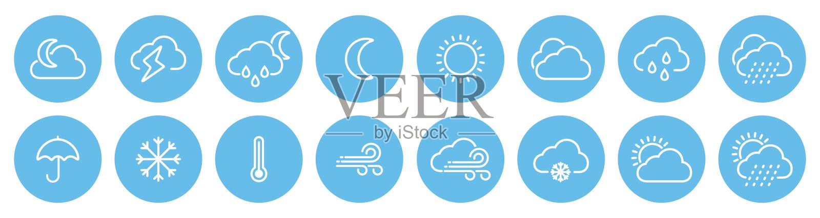 线条风格的天气图标集，包括云、风、雷电、太阳、月亮等矢量插图插画图片素材