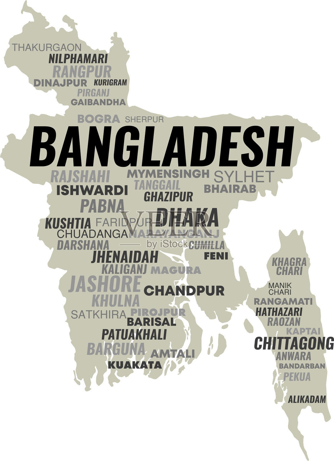 孟加拉国地图与城市名称 - 排版矢量设计插画图片素材