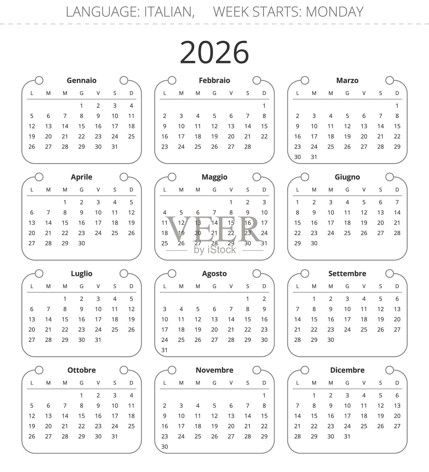 2026年日历。意大利语。现代插图意大利 - 日历插画图片素材