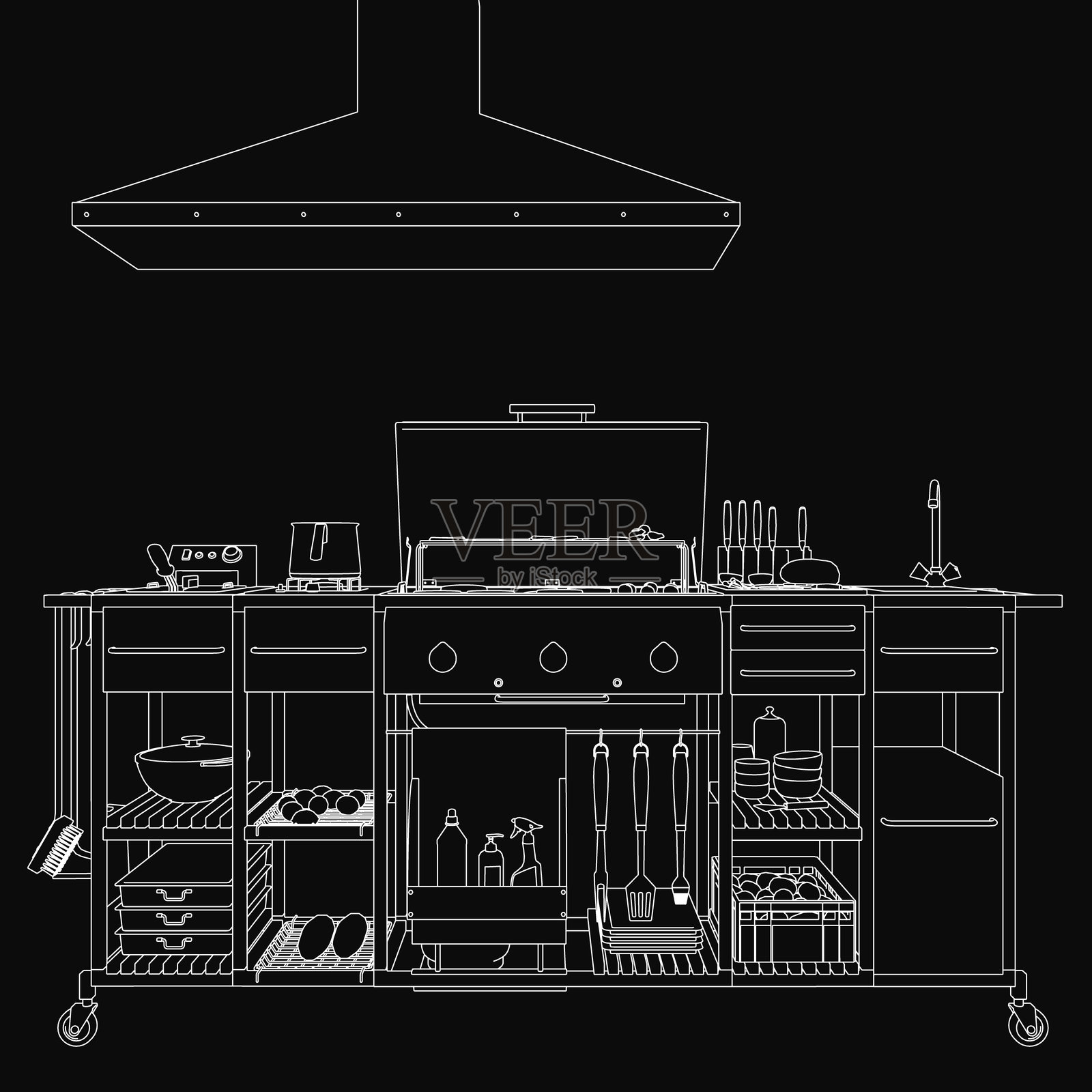 一幅黑白轮廓画，描绘了一个厨房岛，配有燃气灶、烤架、抽屉和散落的厨具。深色背景增强了神秘氛围，背景中还有瓶子等物品。插画图片素材