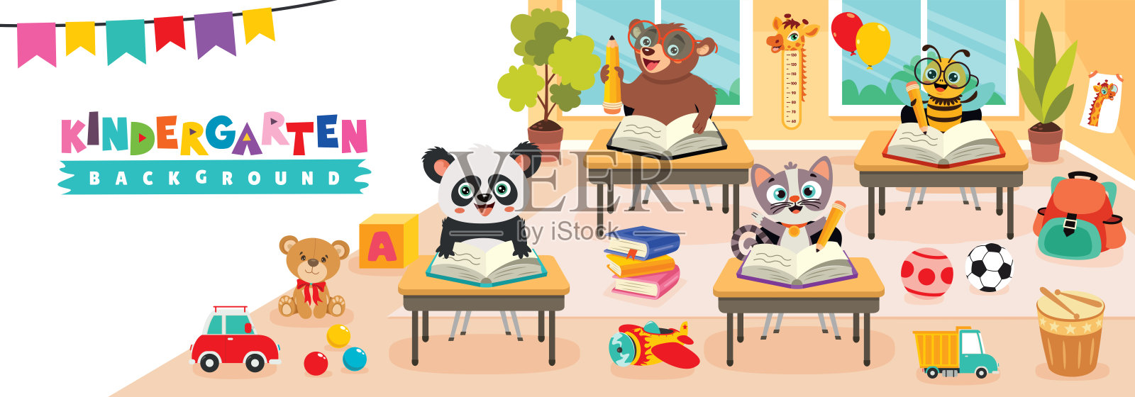 卡通动物在幼儿园学习插画图片素材