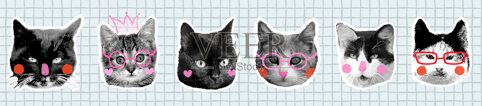 搞笑猫脸矢量半色调拼贴套装，时尚半色调动物小猫头部图形元素，现代流行风格设计插画图片素材