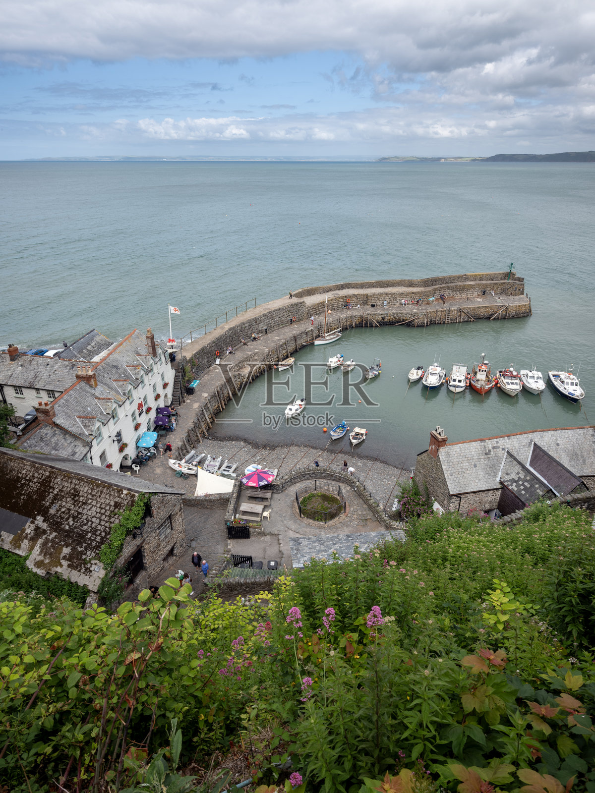 五彩缤纷的夏季花卉与北德文郡的克洛维利渔村照片摄影图片