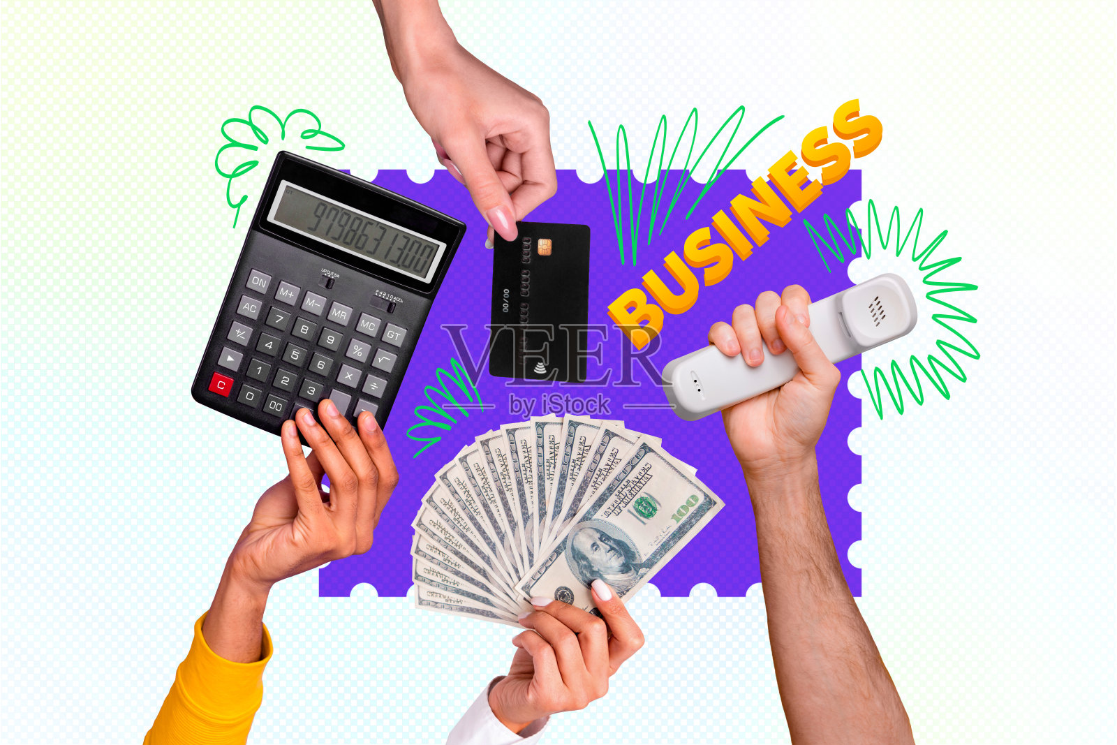 商业多任务处理的复合趋势艺术作品，3D草图图像，照片拼贴，手持现金、计算器、银行信用卡和座机电话。照片摄影图片