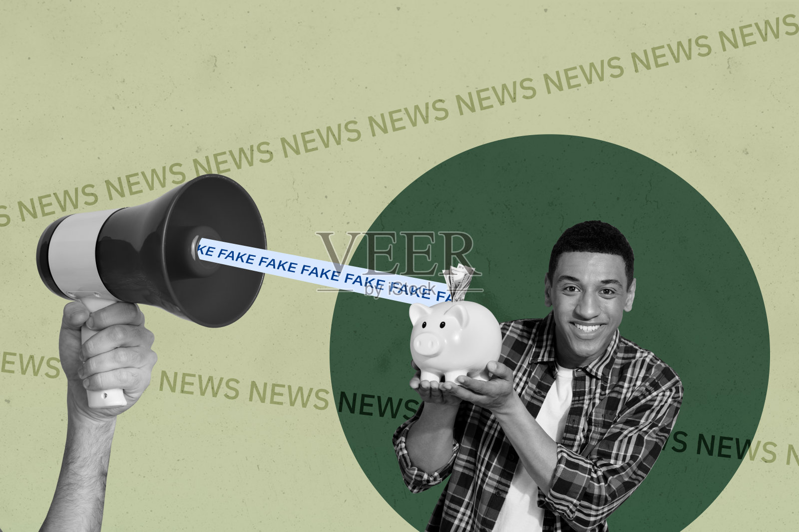 充满艺术感的杂志拼贴，展示了一位快乐而困惑的男士，正在倾听虚假新闻宣传、钓鱼邮件问题、激动和虚假信息。照片摄影图片