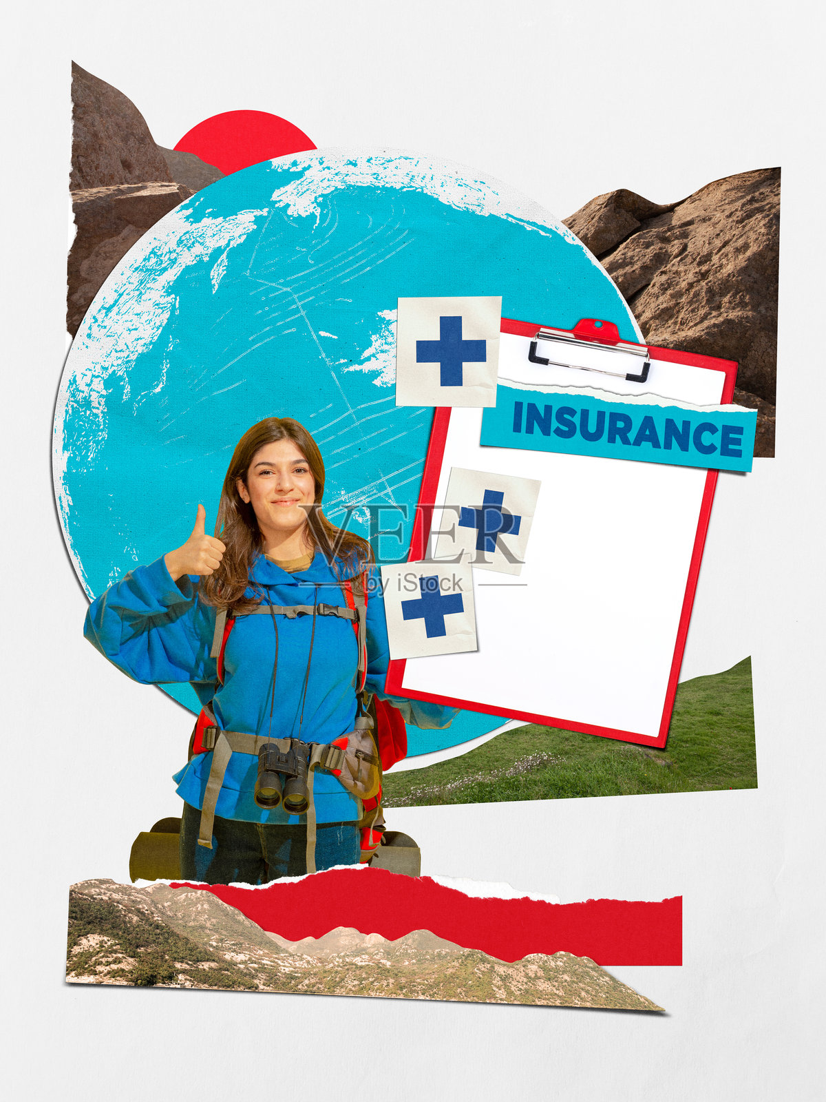 微笑的女性徒步旅行者穿着蓝色夹克，手持保险夹，背景是抽象的山脉和地球的拼贴画照片摄影图片