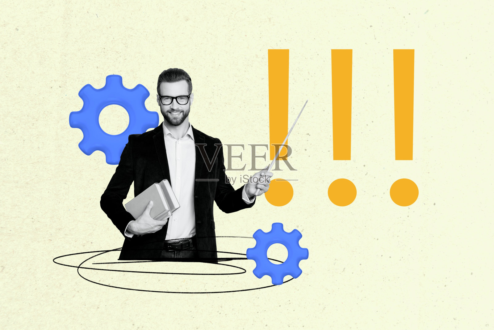 创意拼贴图像，年轻男教授，讲师，教育，齿轮，指示棒，效率，组织，项目管理照片摄影图片