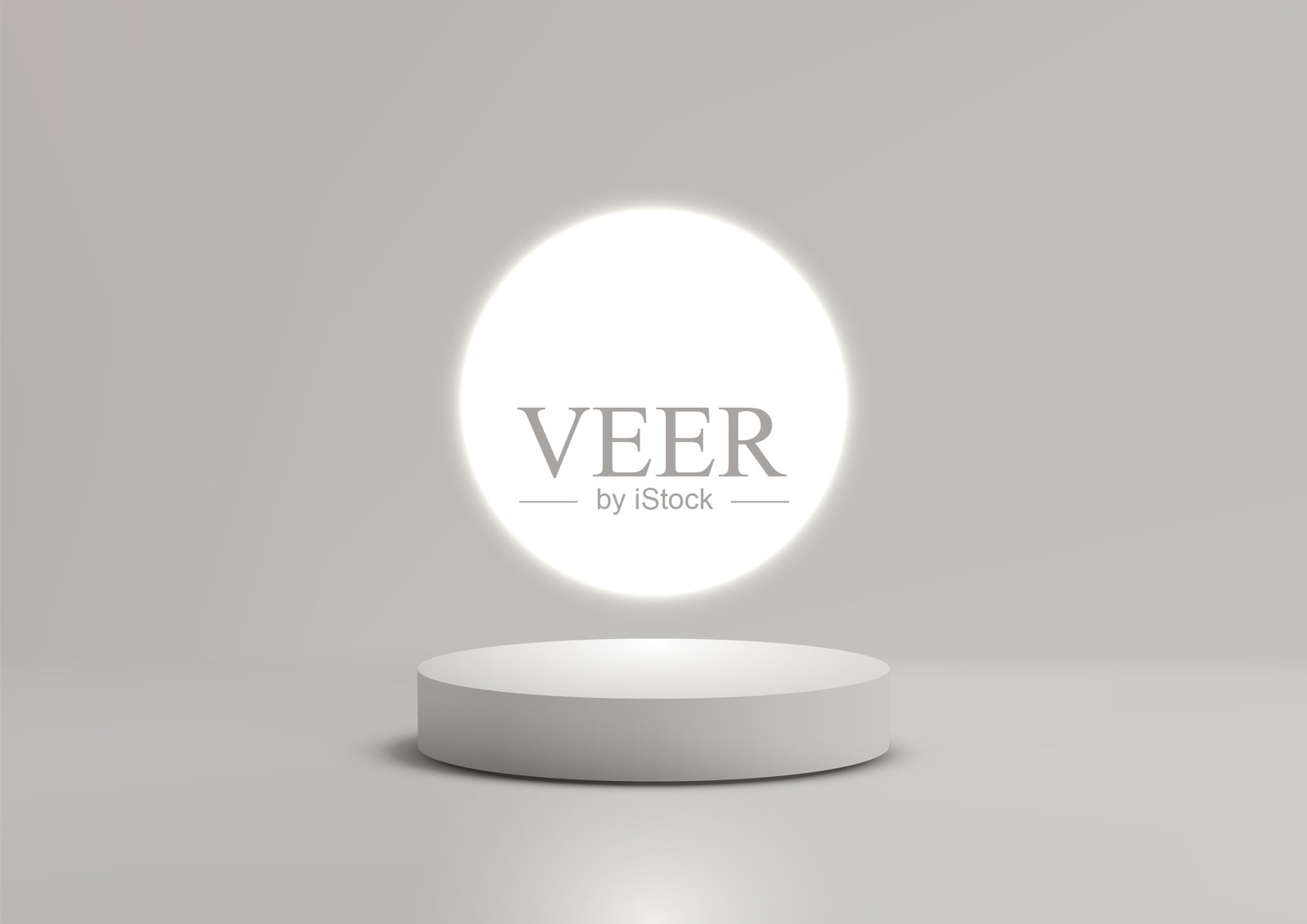 白色讲台产品展示模型，带有发光圆圈，背景为简约灰色，3D圆柱舞台模板用于现代展示和演示插画图片素材