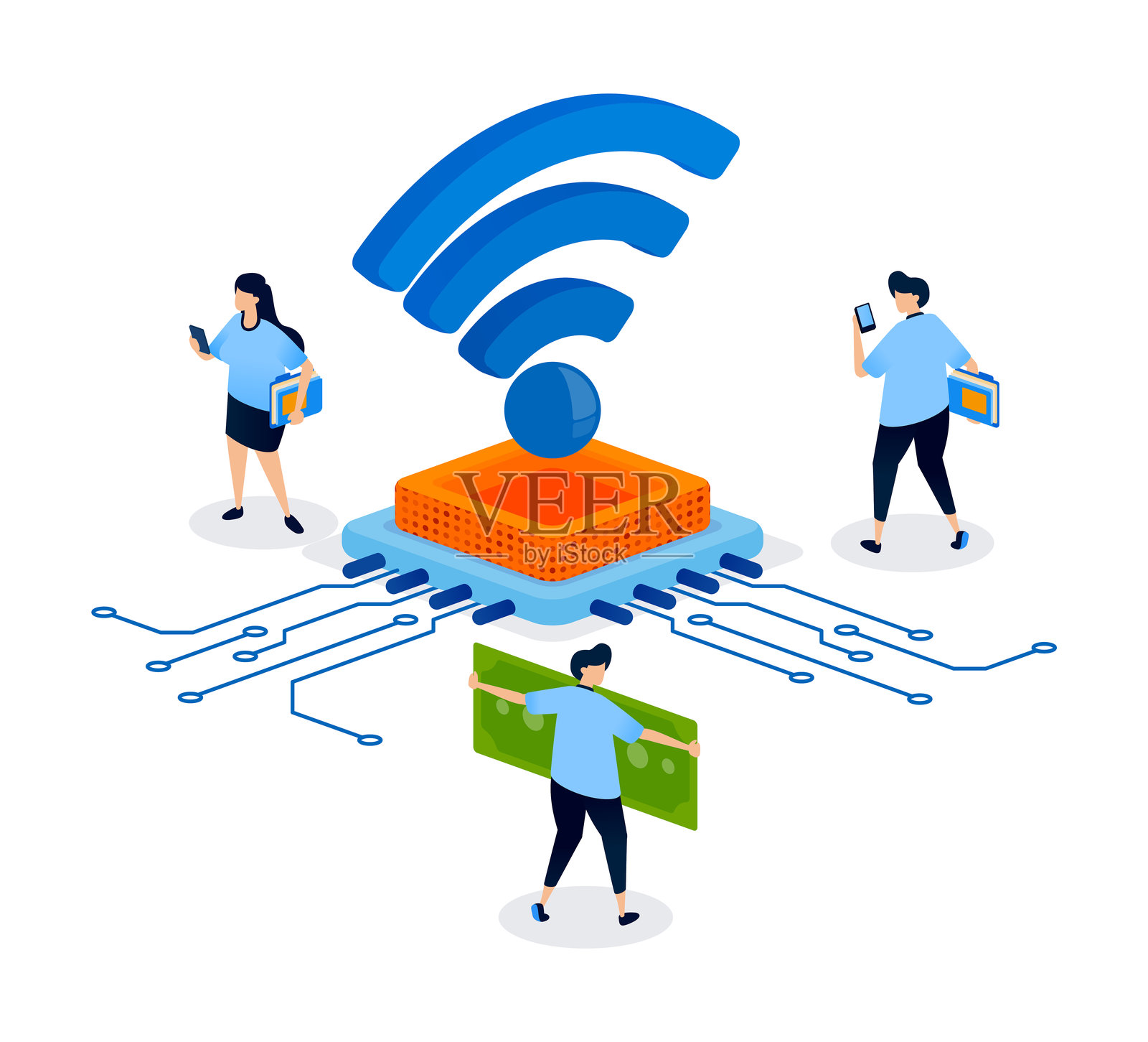 现代金融服务中支持安全数字交易的WiFi和芯片网络。网站、着陆页、移动应用、初创公司宣传单、横幅和广告设计的创意插图。插画图片素材