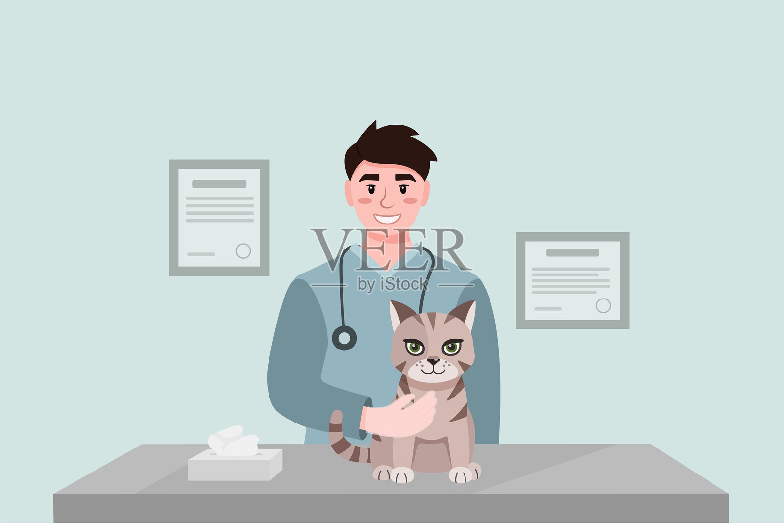 兽医诊所桌上对猫进行兽医检查的矢量插图。一位友好的医生正在检查一只猫。兽医在兽医诊所。动物护理概念。插画图片素材