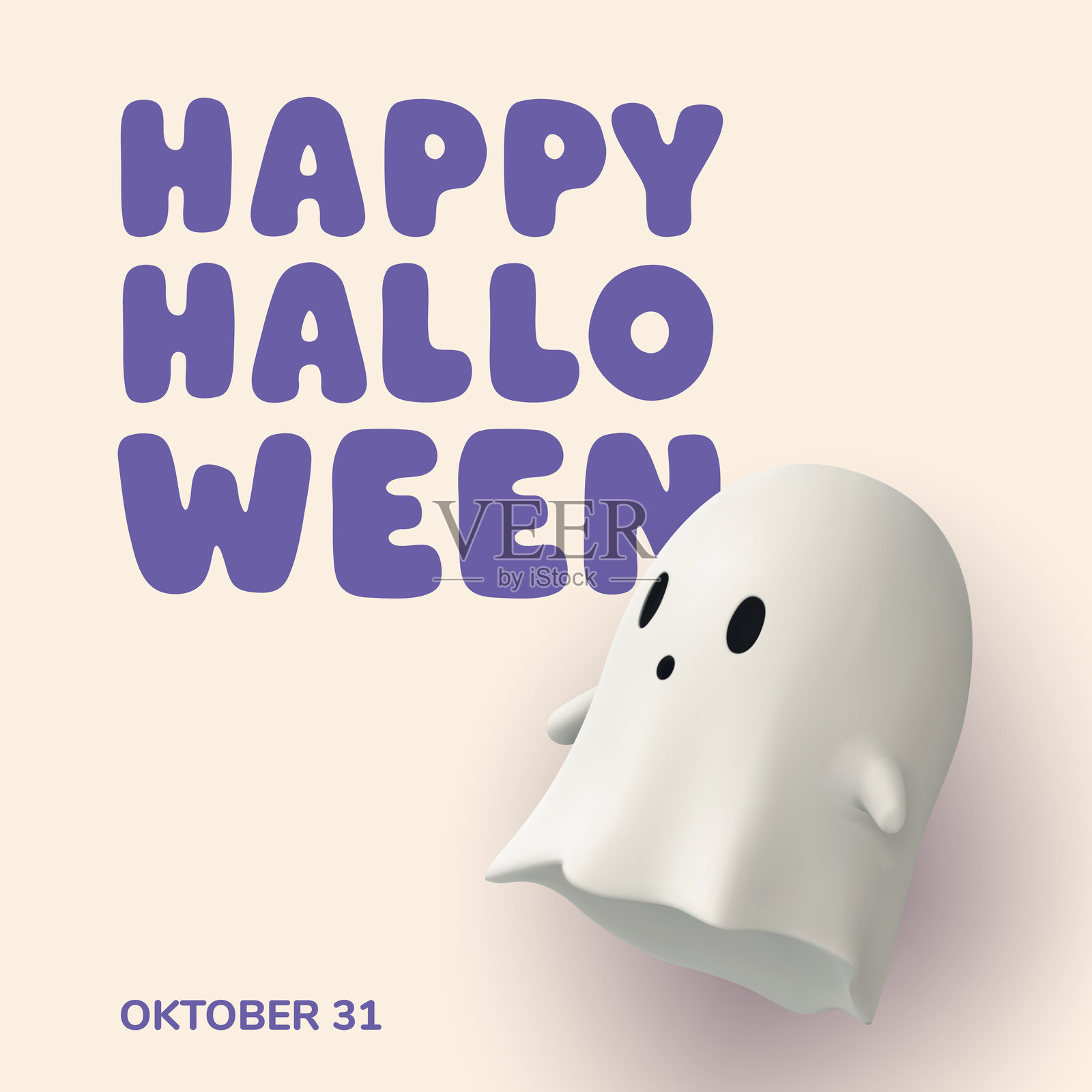方形万圣节海报，背景为柔和色调，配有可爱的3D卡通鬼魂和醒目的“万圣节快乐”文字。非常适合社交媒体、贺卡和节庆庆祝内容。矢量图。插画图片素材