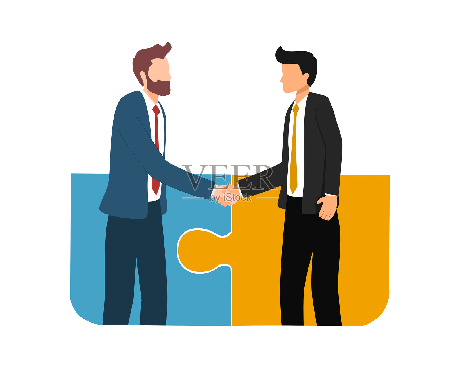 合作、团队合作或协作以取得成功，一起解决拼图，达成协议或解决方案以赢得企业信任，合作理念，商人握手将拼图连接在一起。插画图片素材