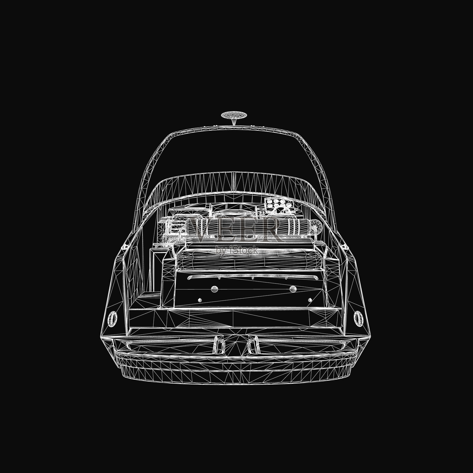 一款光滑的黑白3D线框模型的豪华游艇，展示了船体、帆和索具等复杂细节，背景为深色。极简设计突显了这艘船的优雅。插画图片素材