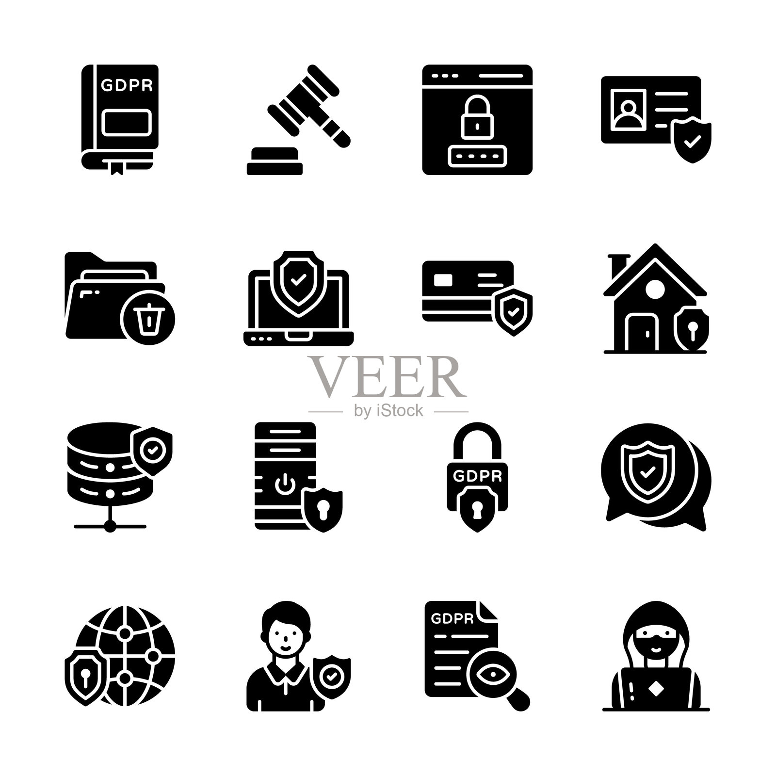 实用的数据保护图标集（字形风格）插画图片素材