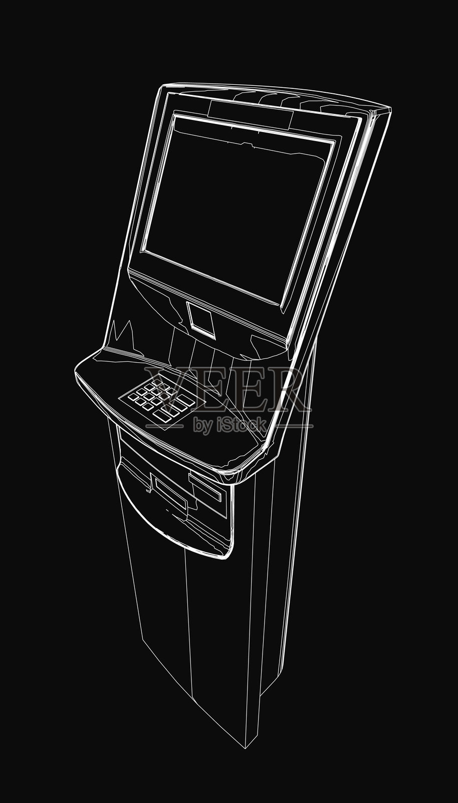 一幅黑白轮廓画的ATM机在深色背景下显得格外突出。干净的线条艺术突出了银行终端的键盘、屏幕和卡槽。插画图片素材