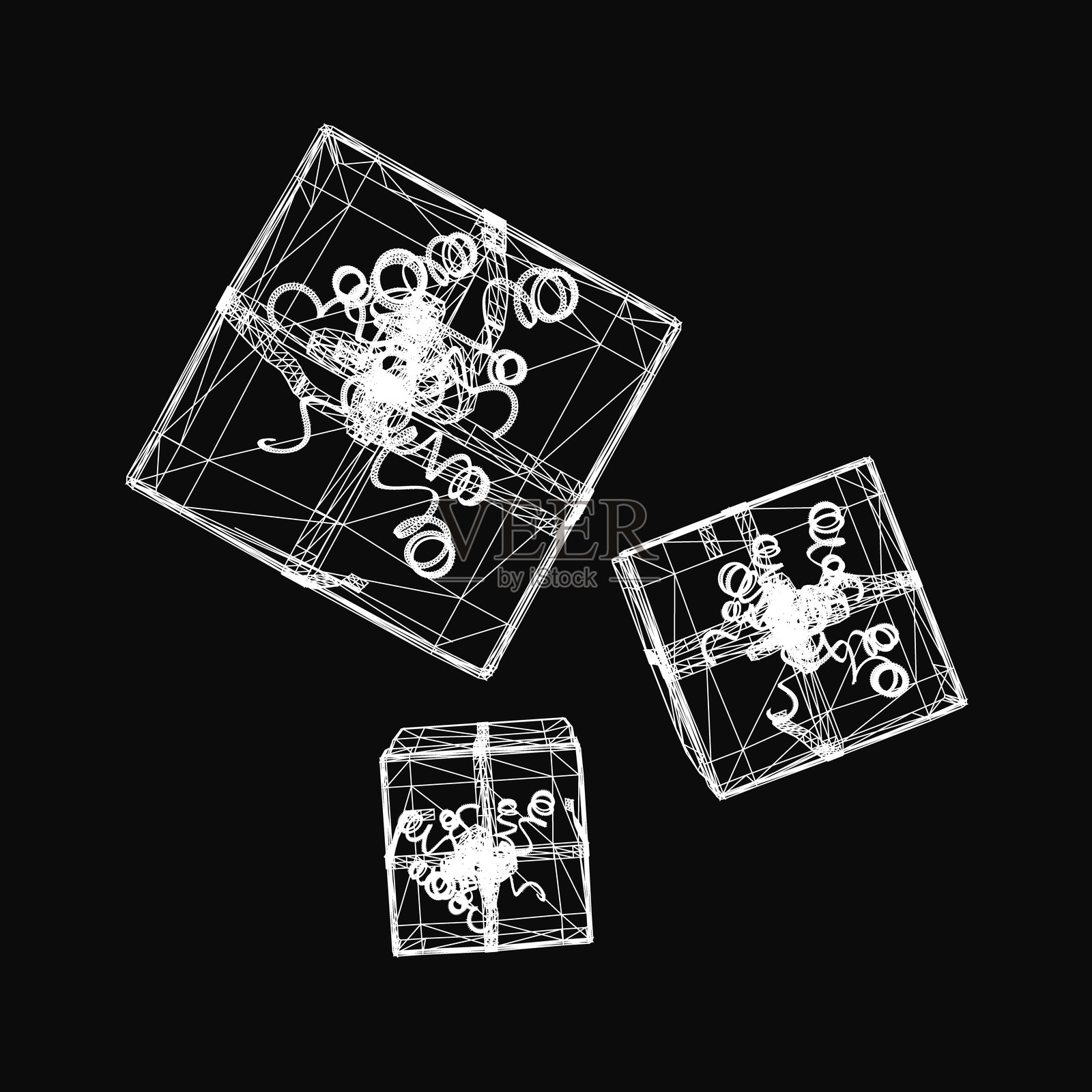 三个白色礼品盒在黑色背景上呈三角形排列，从上方俯视。最大的盒子位于中央，两侧各有一个较小的盒子，轮廓干净。插画图片素材