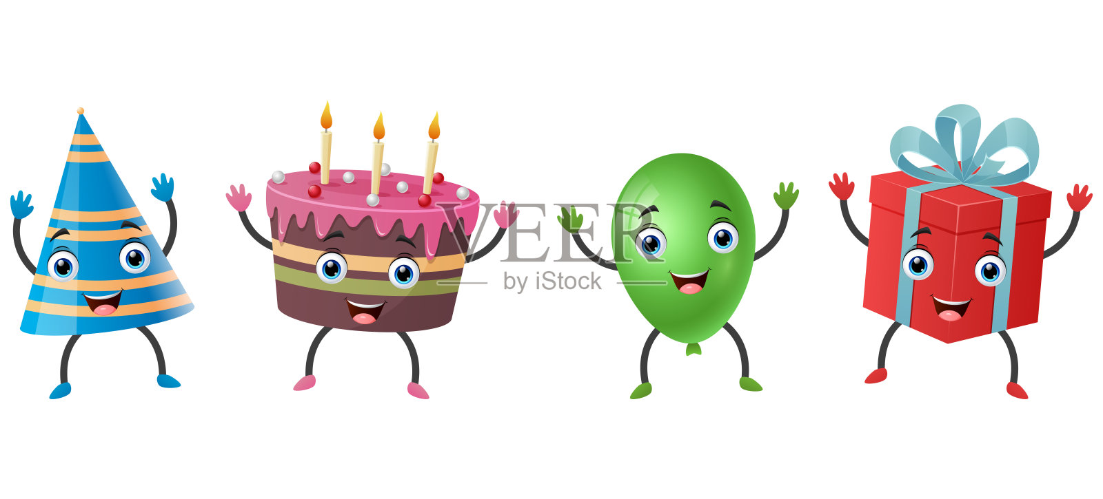 快乐生日的卡通角色，手里拿着蛋糕、礼物盒、帽子和气球插画图片素材