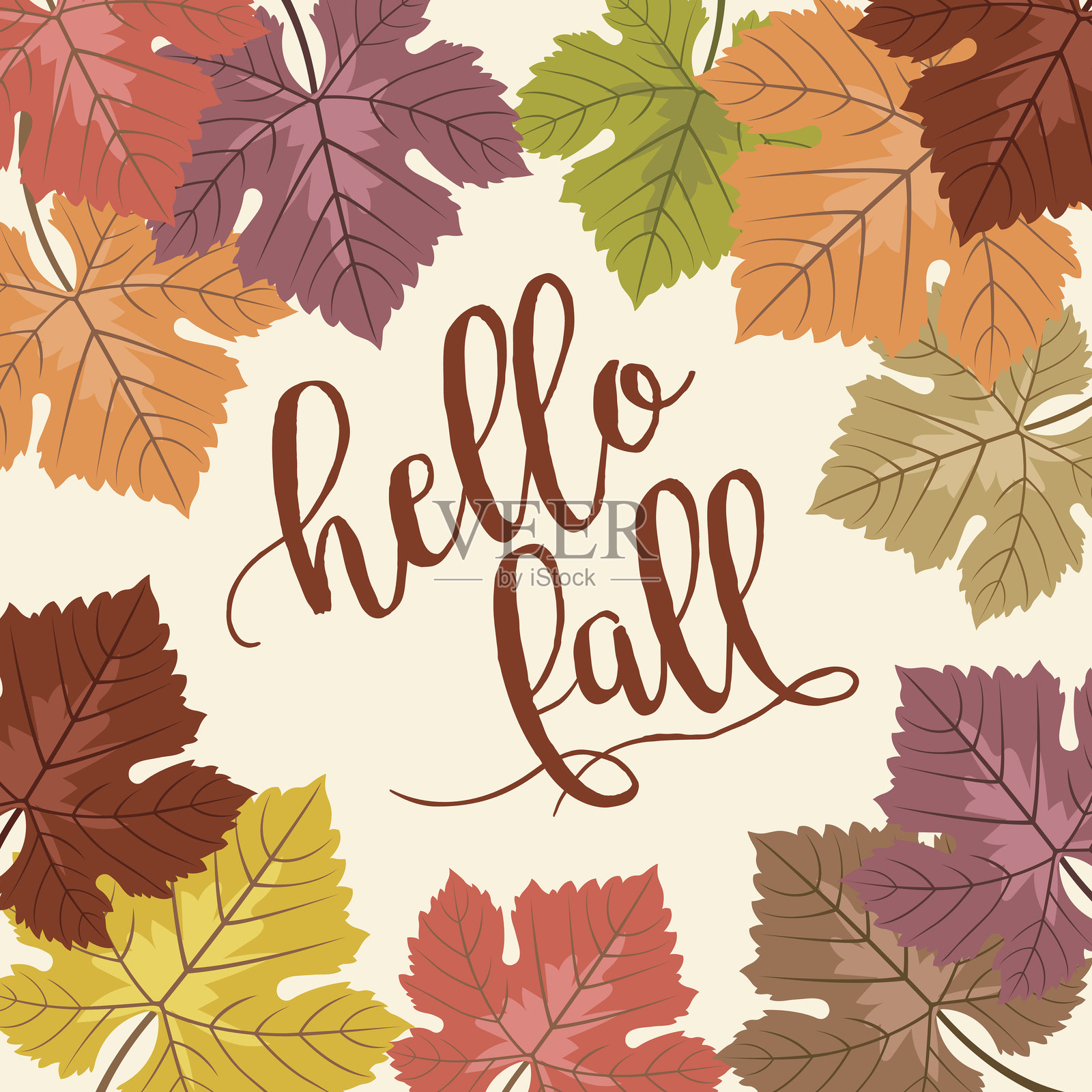 秋天葡萄叶矢量框架与复制空间，'你好秋天'文本插画图片素材