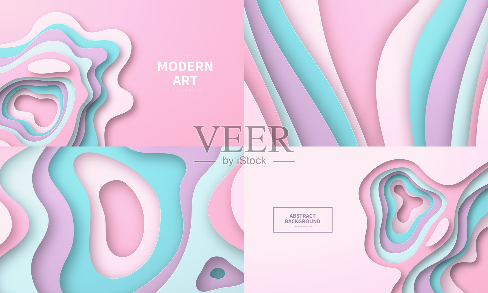 一套剪纸背景。柔和的颜色抽象的波浪形状-时尚的3D设计插画图片素材