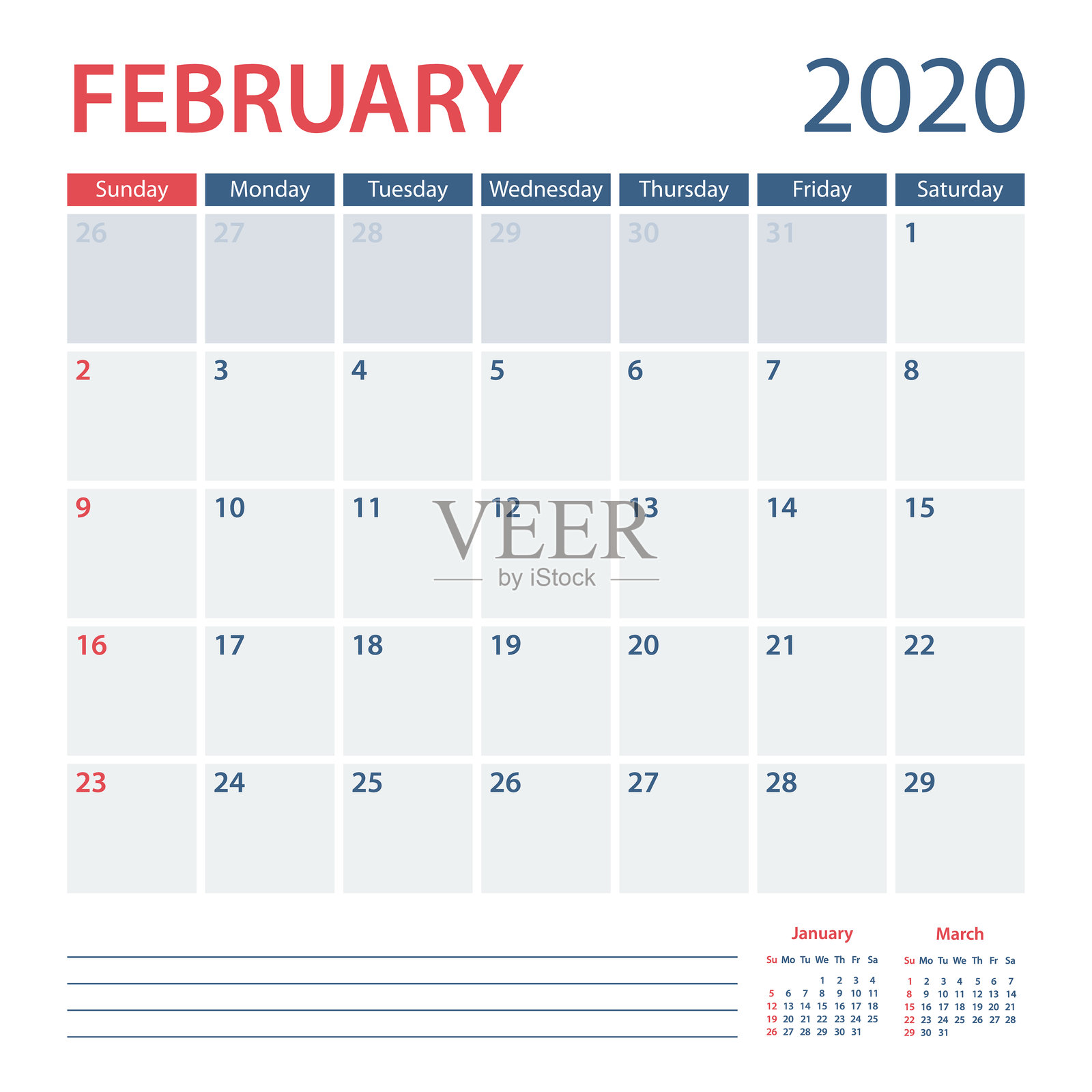 2020年2月日历规划师矢量模板。一周周日设计模板素材