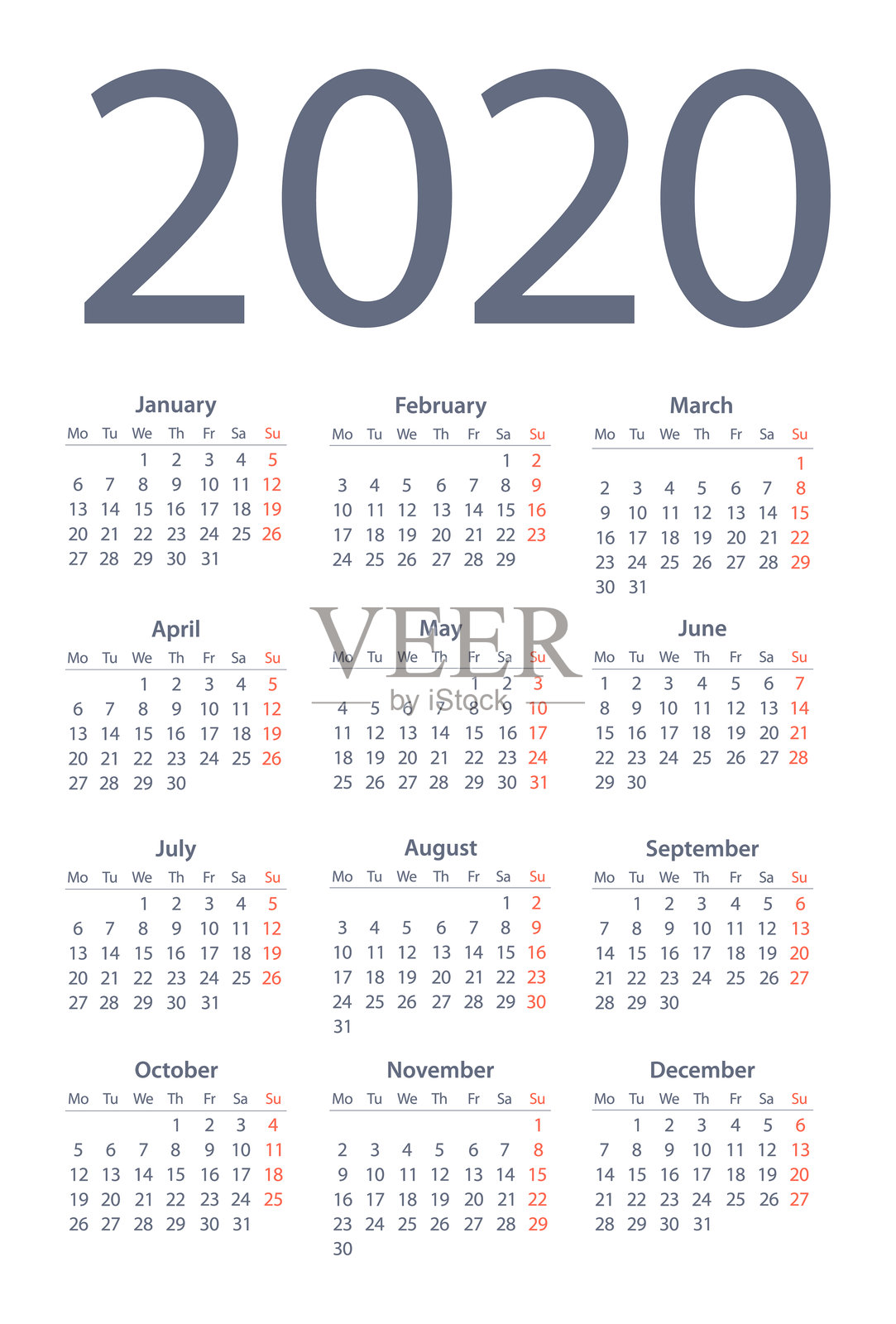 2020年日历简单。工作日从星期一开始插画图片素材