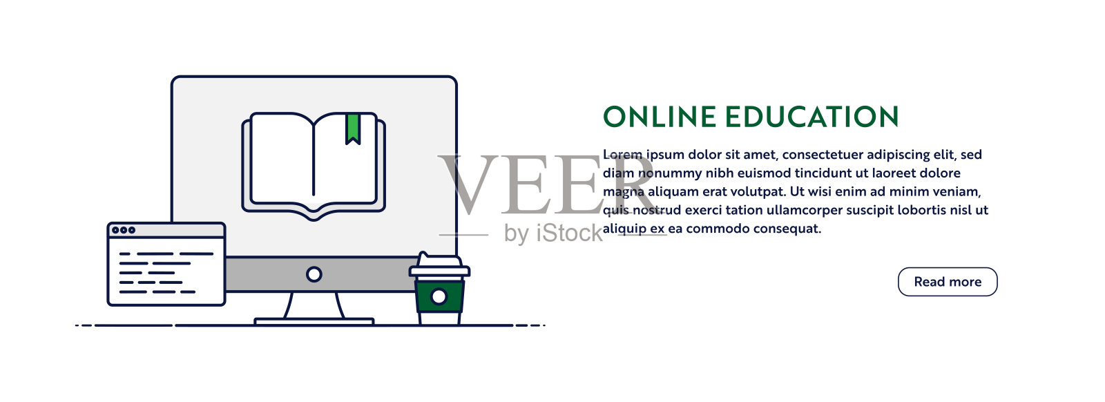 在线教育概念与线计算机插图。最小设计的网页横幅，海报，传单和手册模板与书图标。插画图片素材