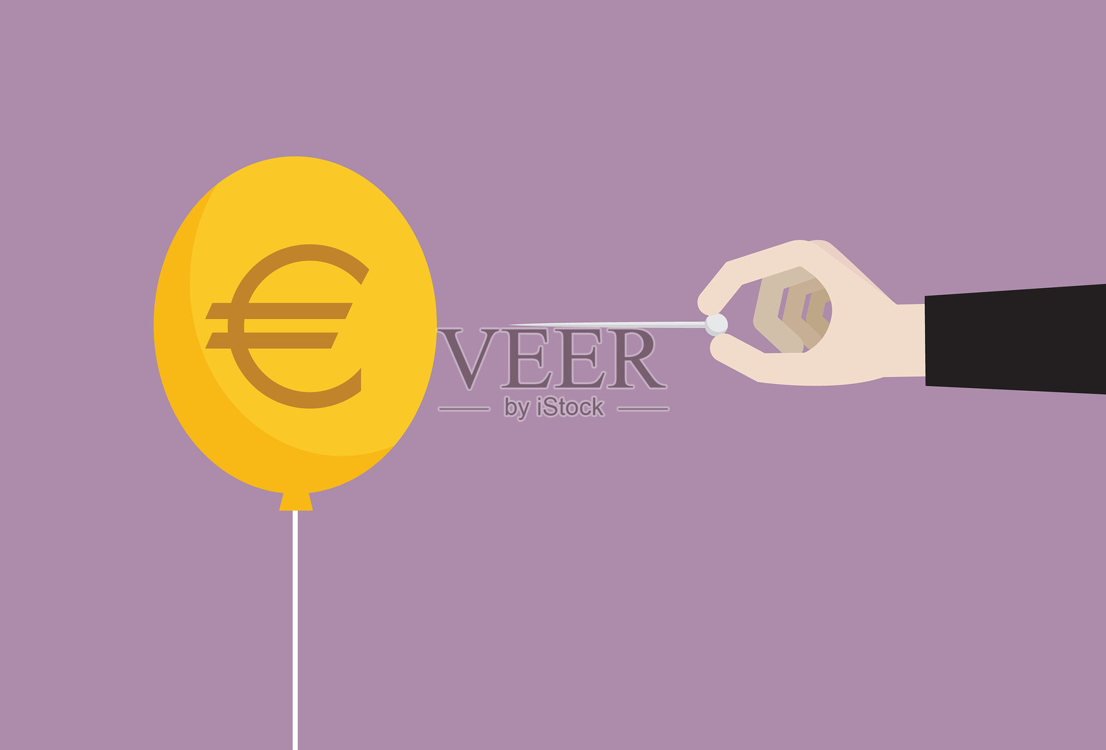商人用针刺破欧元硬币气球插画图片素材