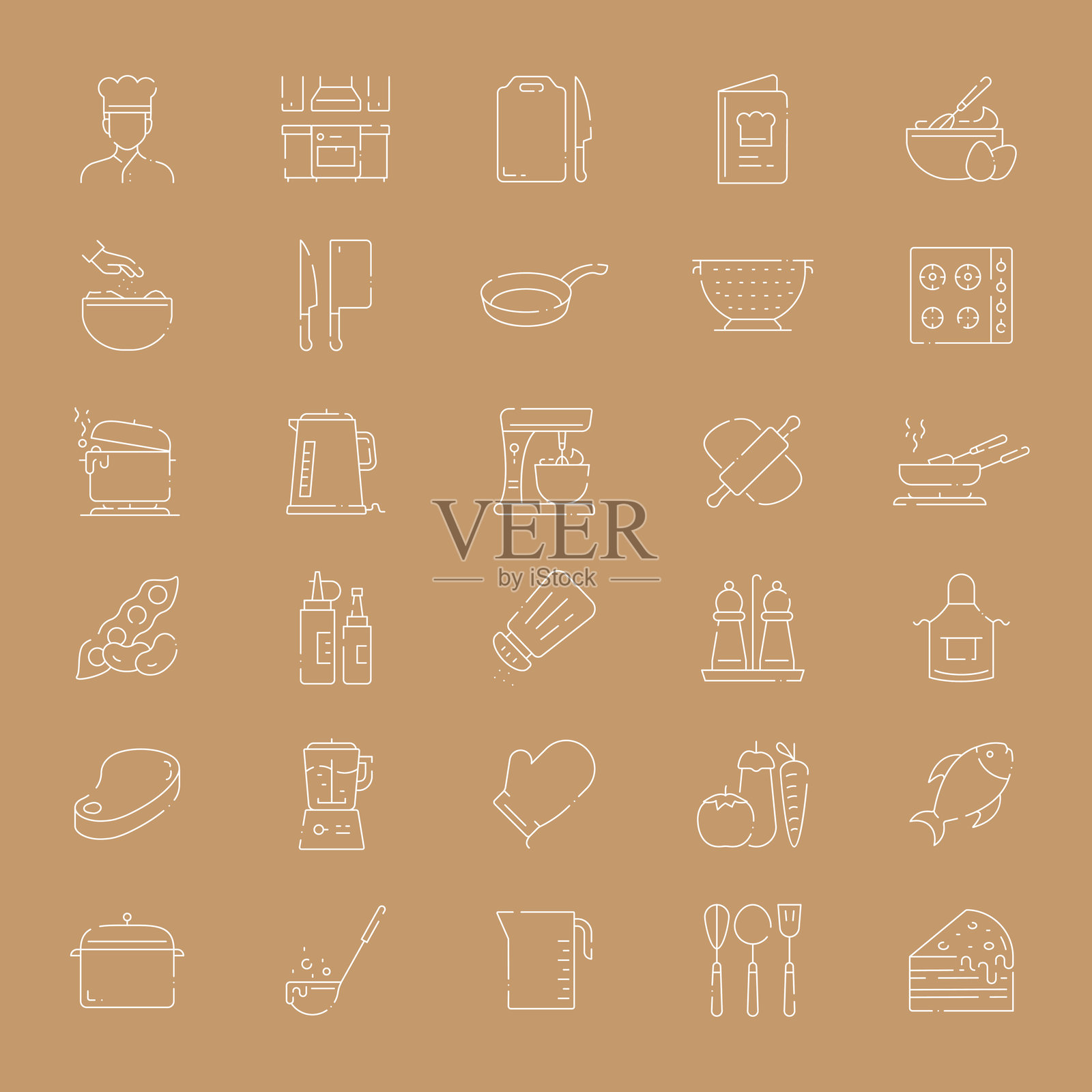 简单的烹饪相关矢量细线图标。大纲符号集合。插画图片素材