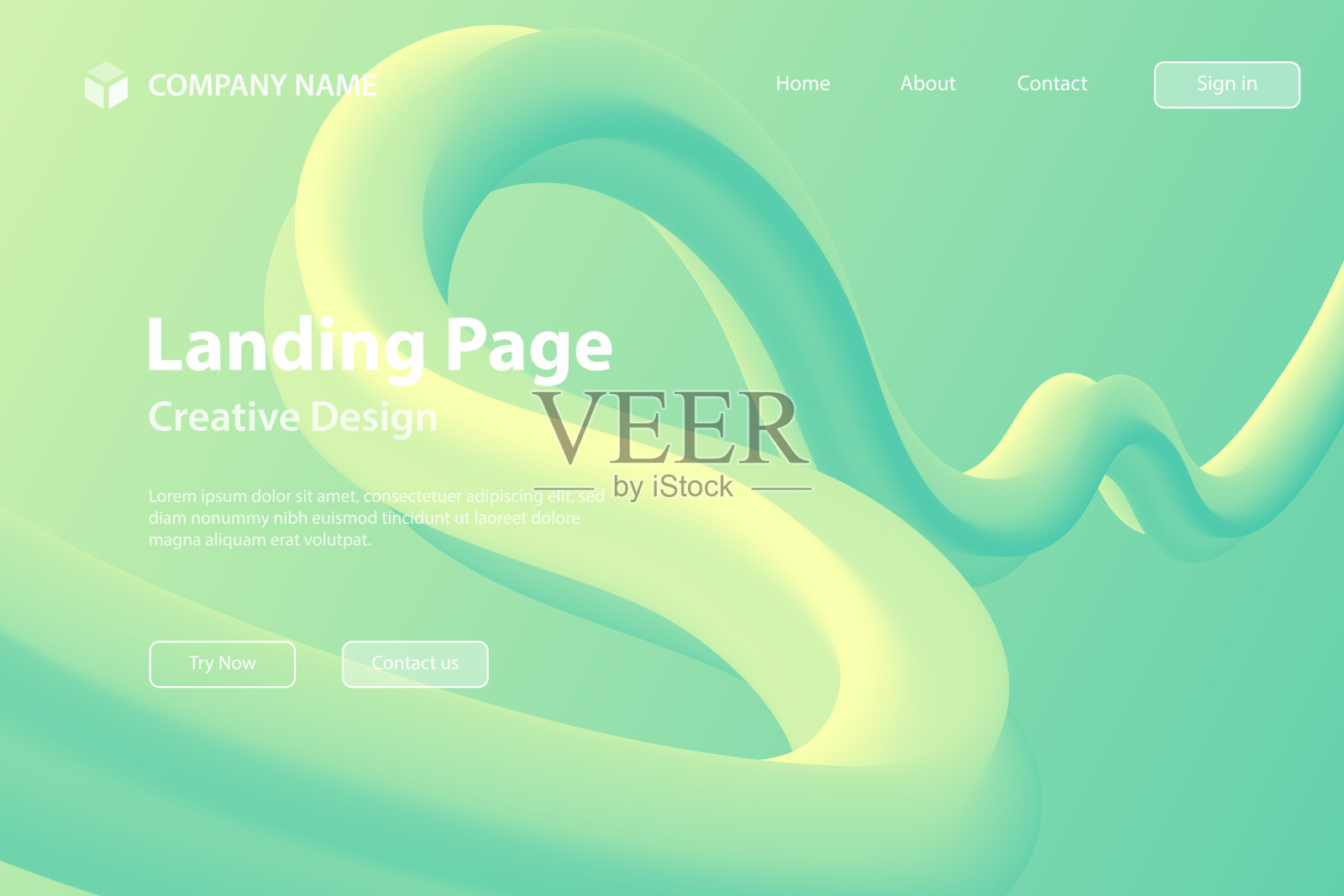 登陆页面模板-绿色渐变背景上的流体抽象设计插画图片素材