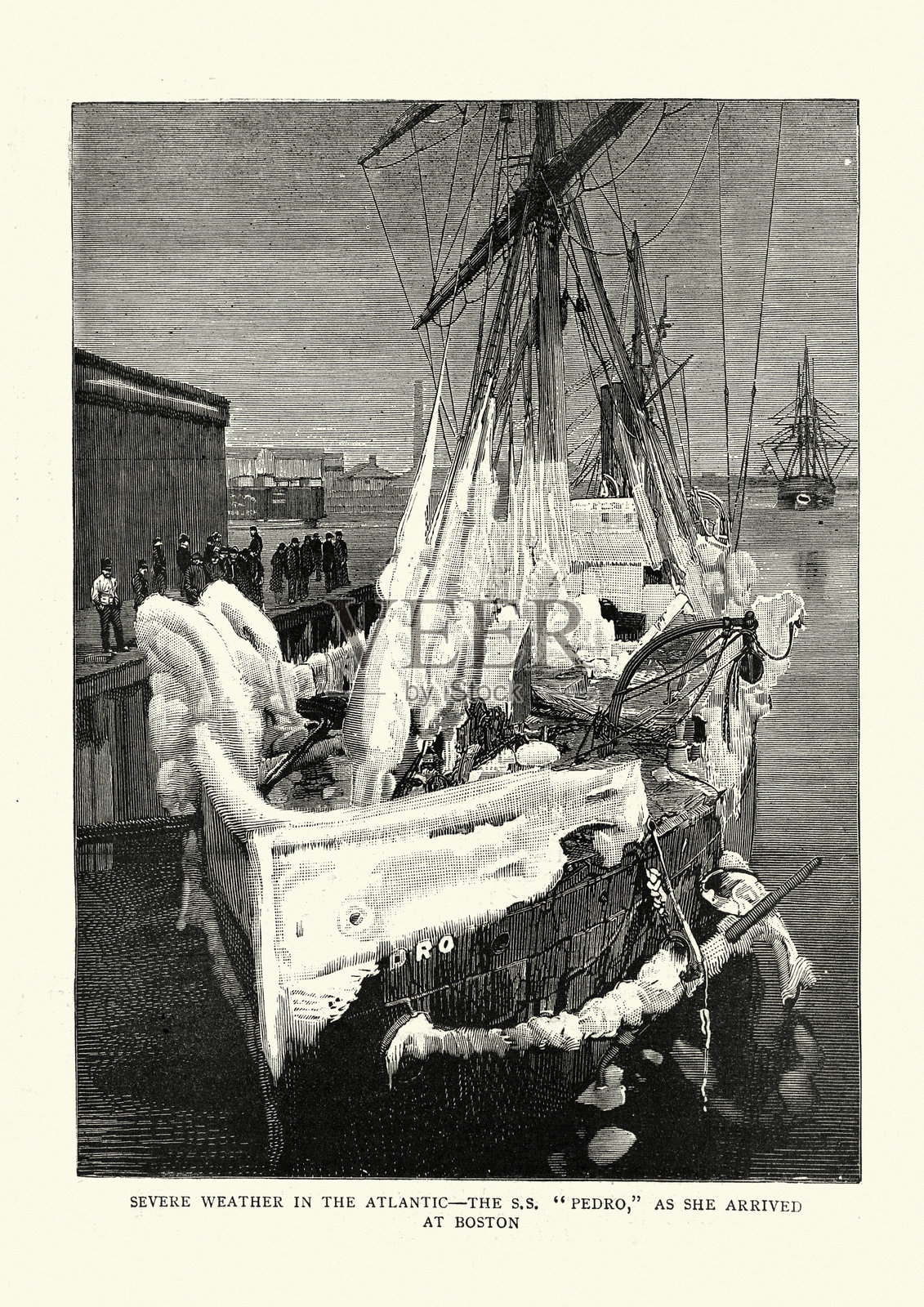 19世纪波士顿的一艘船被冰覆盖插画图片素材