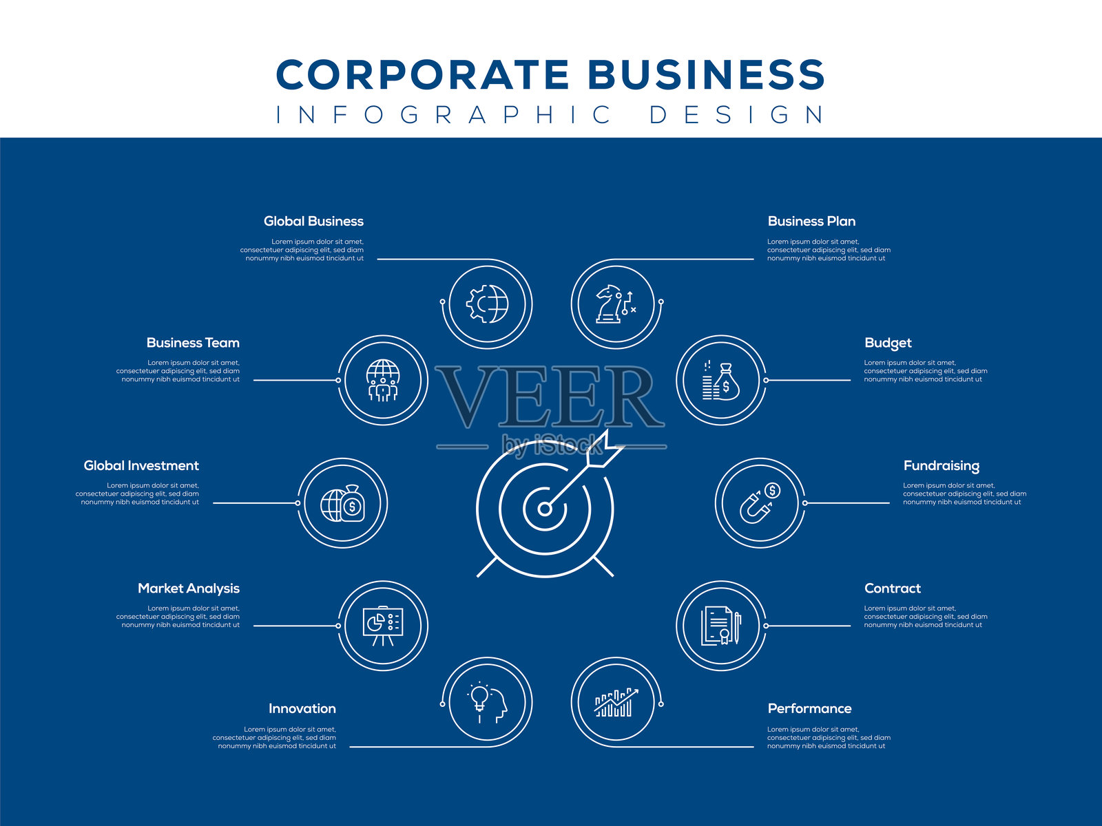 企业业务信息图模板，可编辑的笔画。工作流布局、图表、年度报告、网页设计等信息图设计。插画图片素材