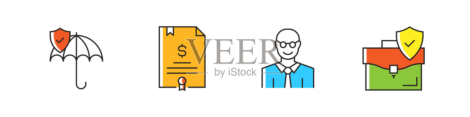 保险相关的矢量线图标。大纲符号集合插画图片素材