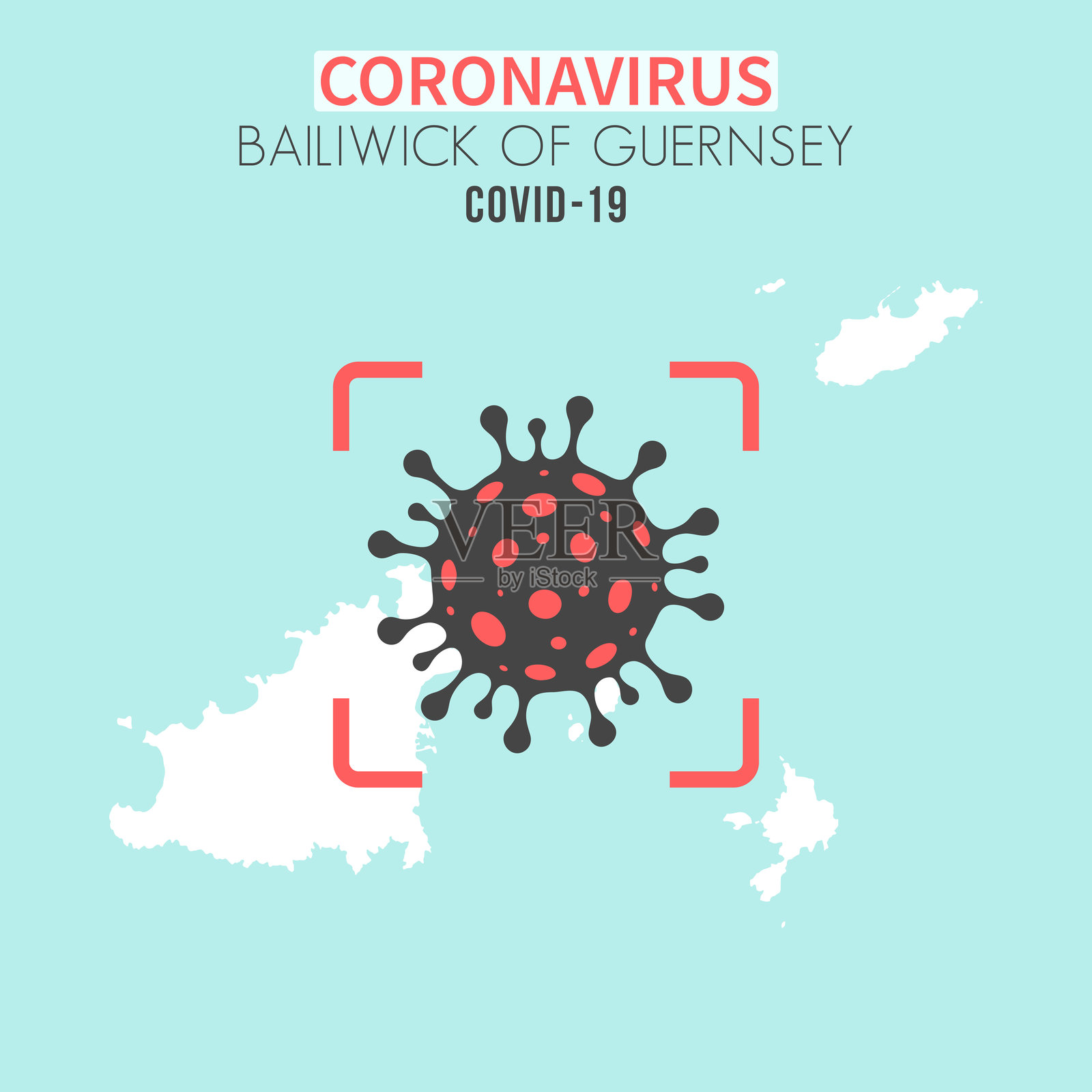 格恩西岛的baililiwick地图，红色取景器中有冠状病毒细胞(COVID-19)插画图片素材