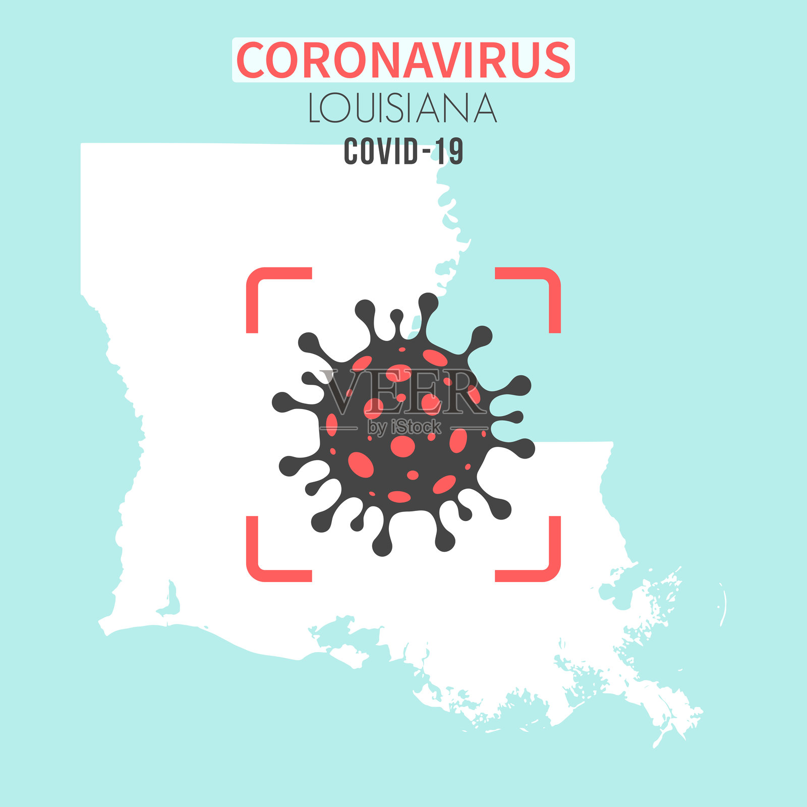 路易斯安那州地图，红色取景器中有冠状病毒细胞(COVID-19)插画图片素材