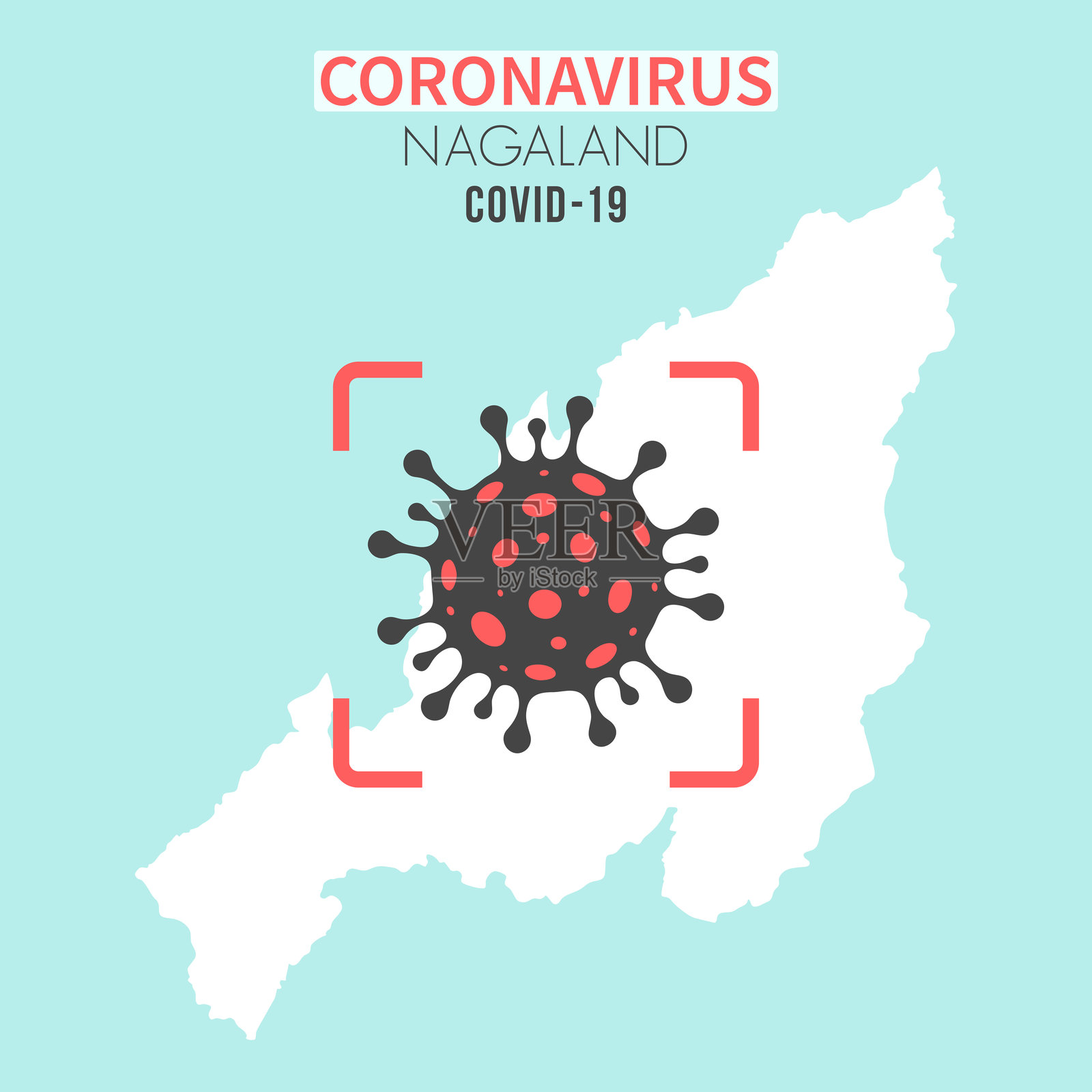 红色取景器上有冠状病毒(COVID-19)细胞的那加兰邦地图插画图片素材