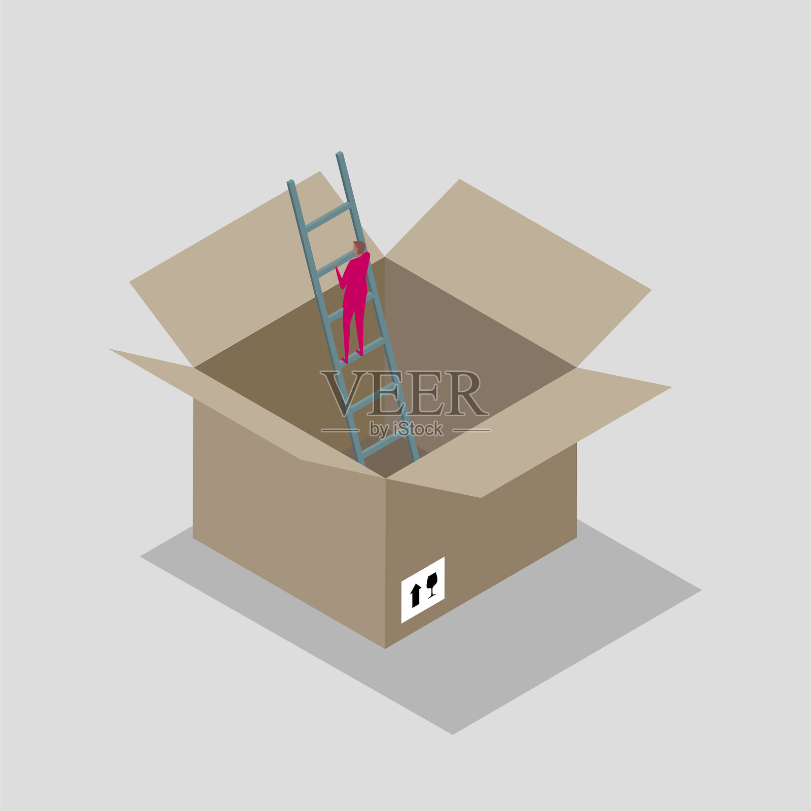 商人用梯子从纸板箱里爬出来。插画图片素材