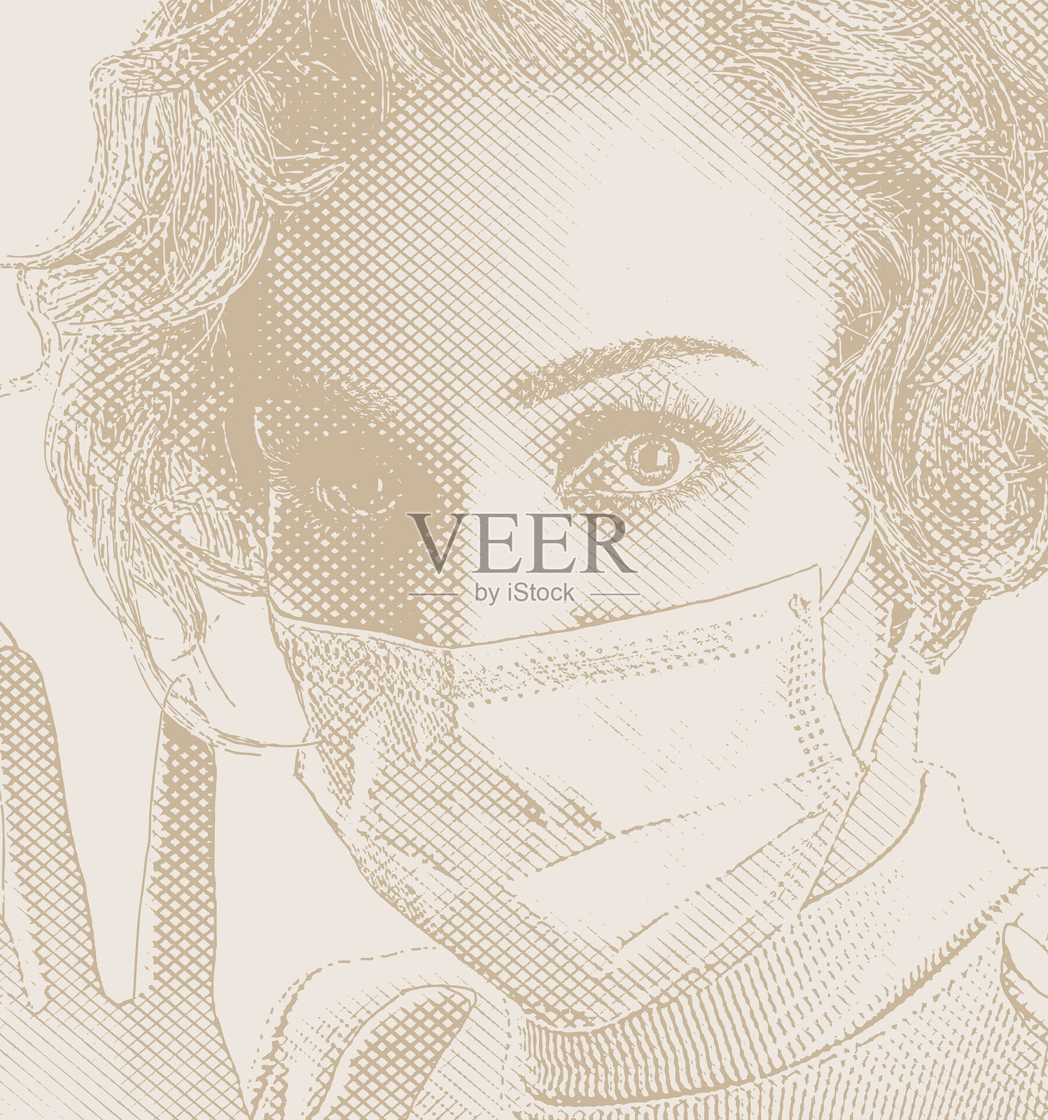 戴着防护面具的女人脸上带着焦虑的表情插画图片素材