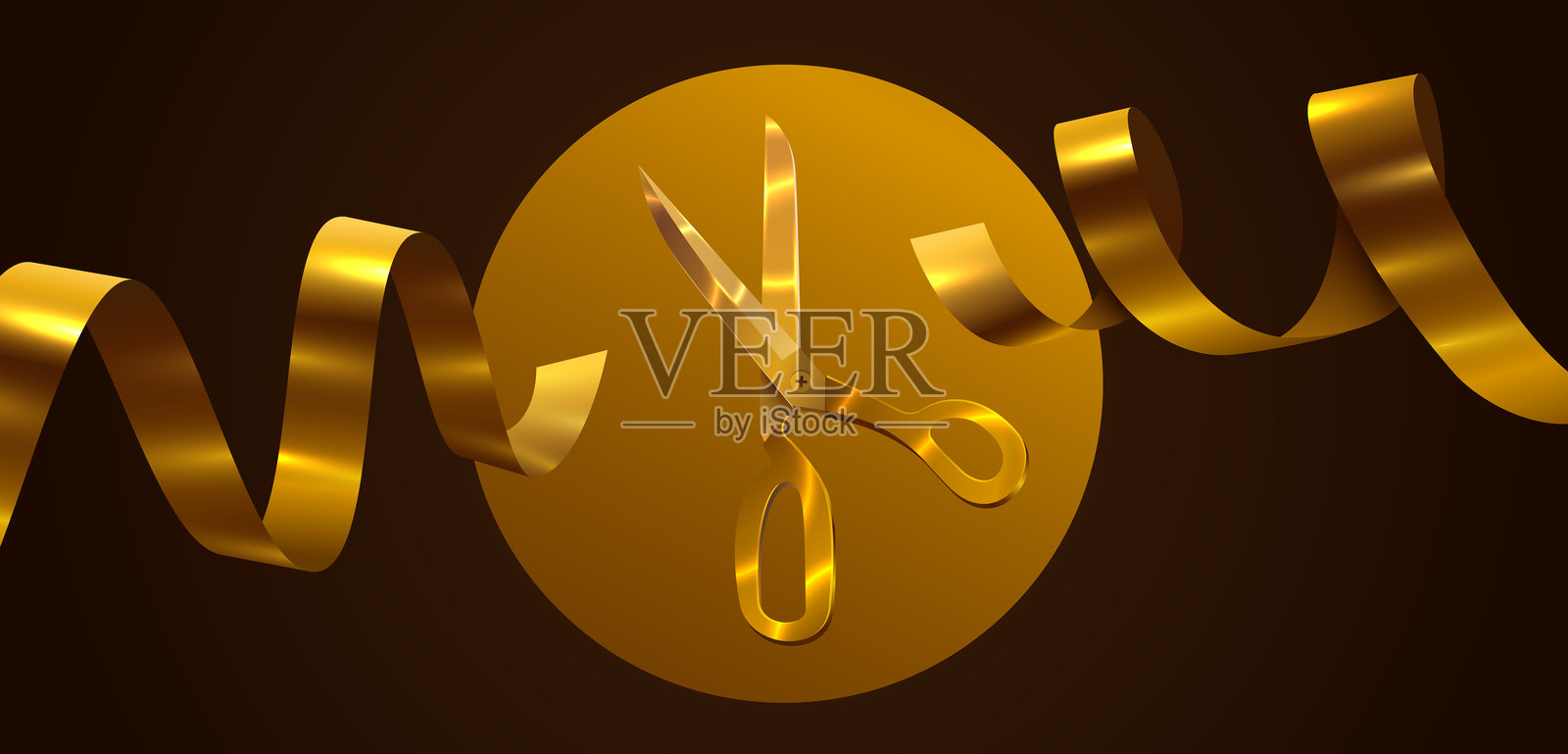 盛大开幕活动。节日剪彩仪式与金色剪刀。插画图片素材